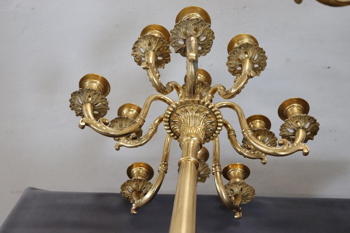 19th Century Italian Gilt Bronze Pair of Antique Candelabras with Eleven Lights For Sale 7