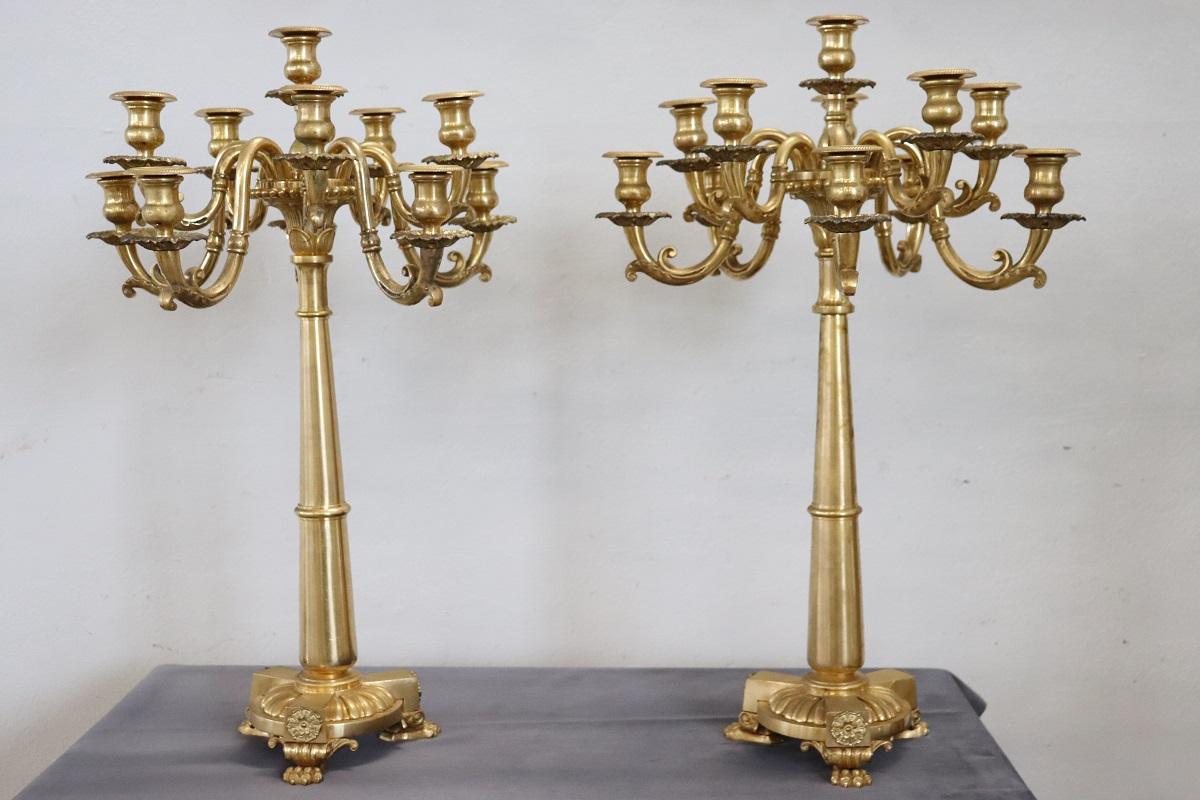 19th Century Italian Gilt Bronze Pair of Antique Candelabras with Eleven Lights For Sale 10