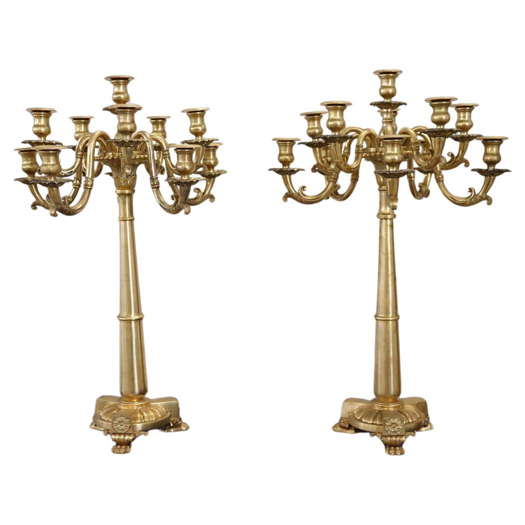 19th Century Italian Gilt Bronze Pair of Antique Candelabras with Eleven Lights