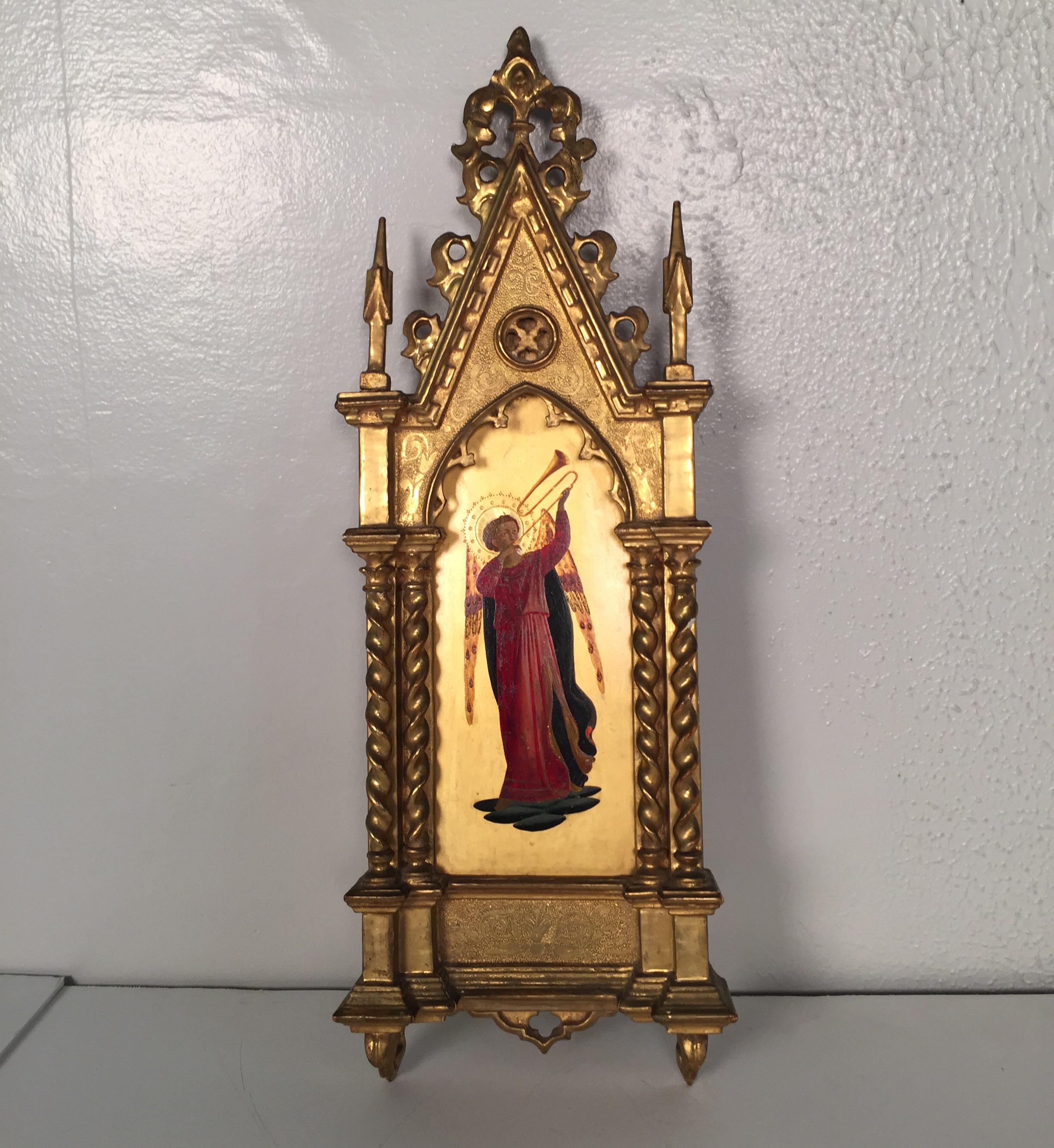 Gothic Revival 19th Century Italian Gilt Framed Oil Painting on Board of Archangel Gabriel