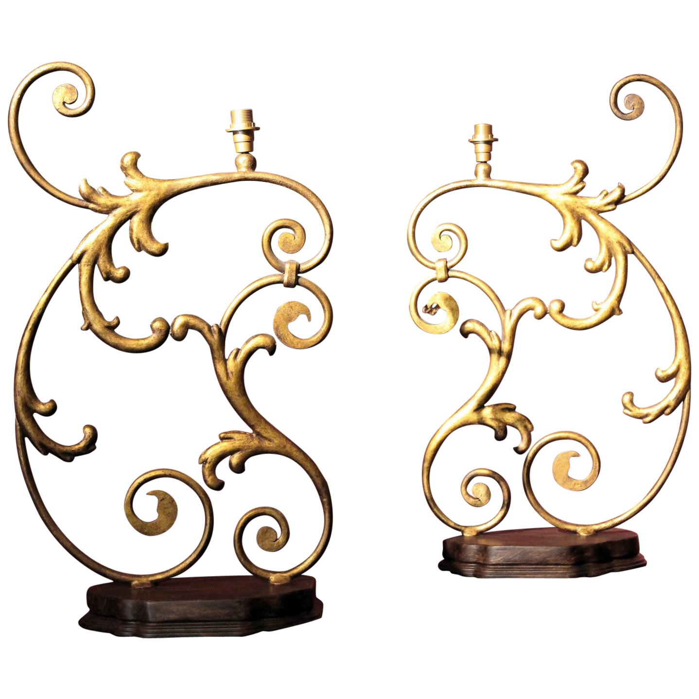 19th Century Italian Gilt Handwrought Iron Large Scale One Light Table Lamps For Sale