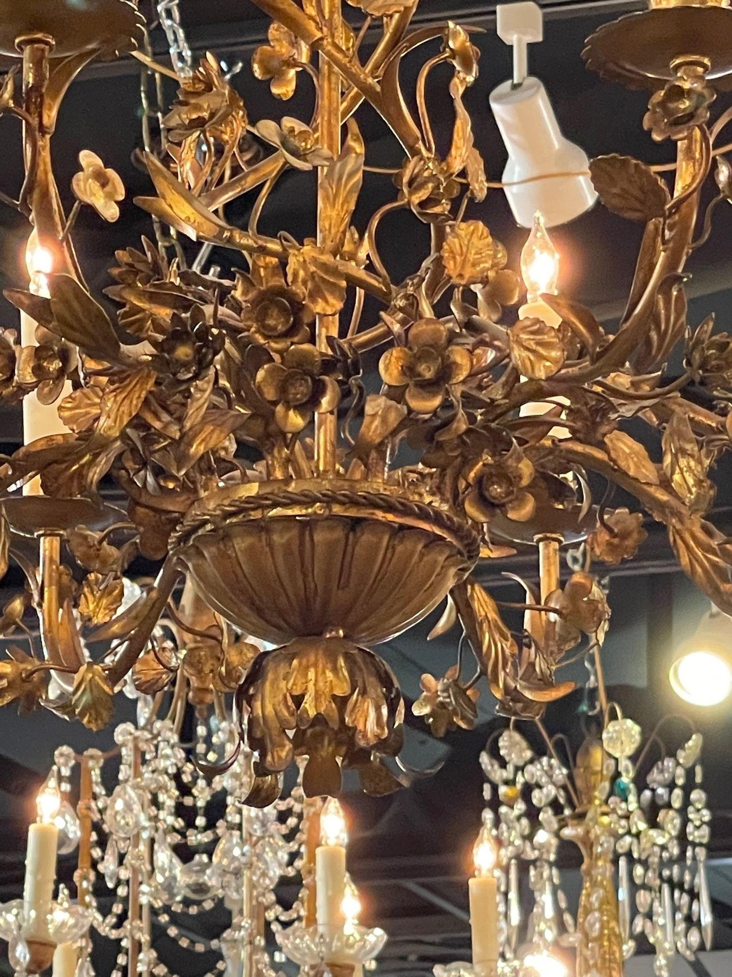 Metal 19th Century Italian Gilt Tole Floral Chandeliers with 8 Lights