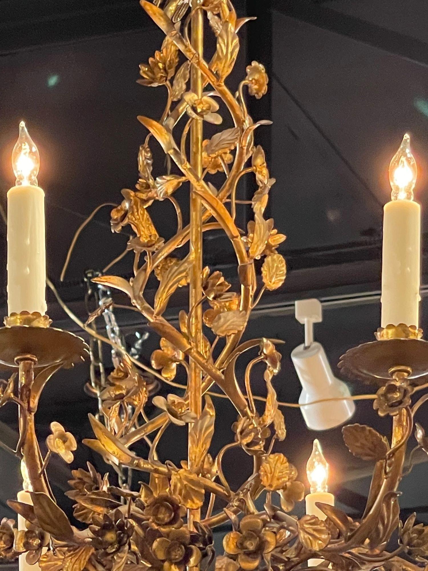 19th Century Italian Gilt Tole Floral Chandeliers with 8 Lights 1