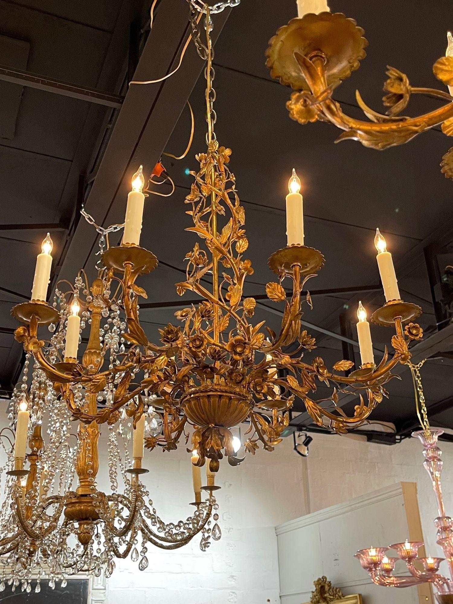19th Century Italian Gilt Tole Floral Chandeliers with 8 Lights 5