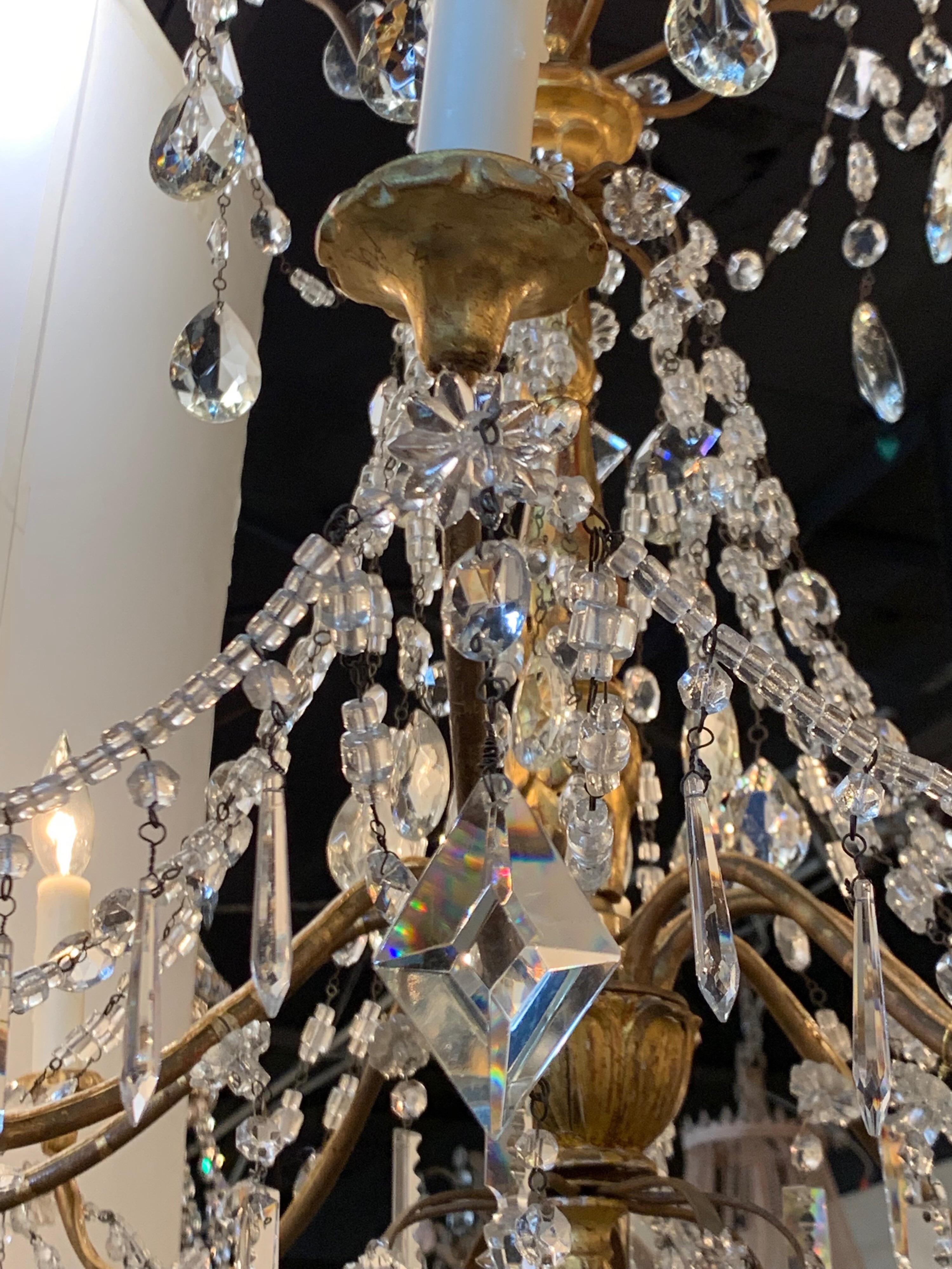 19th Century Italian Giltwood and Beaded Crystal Chandelier 1