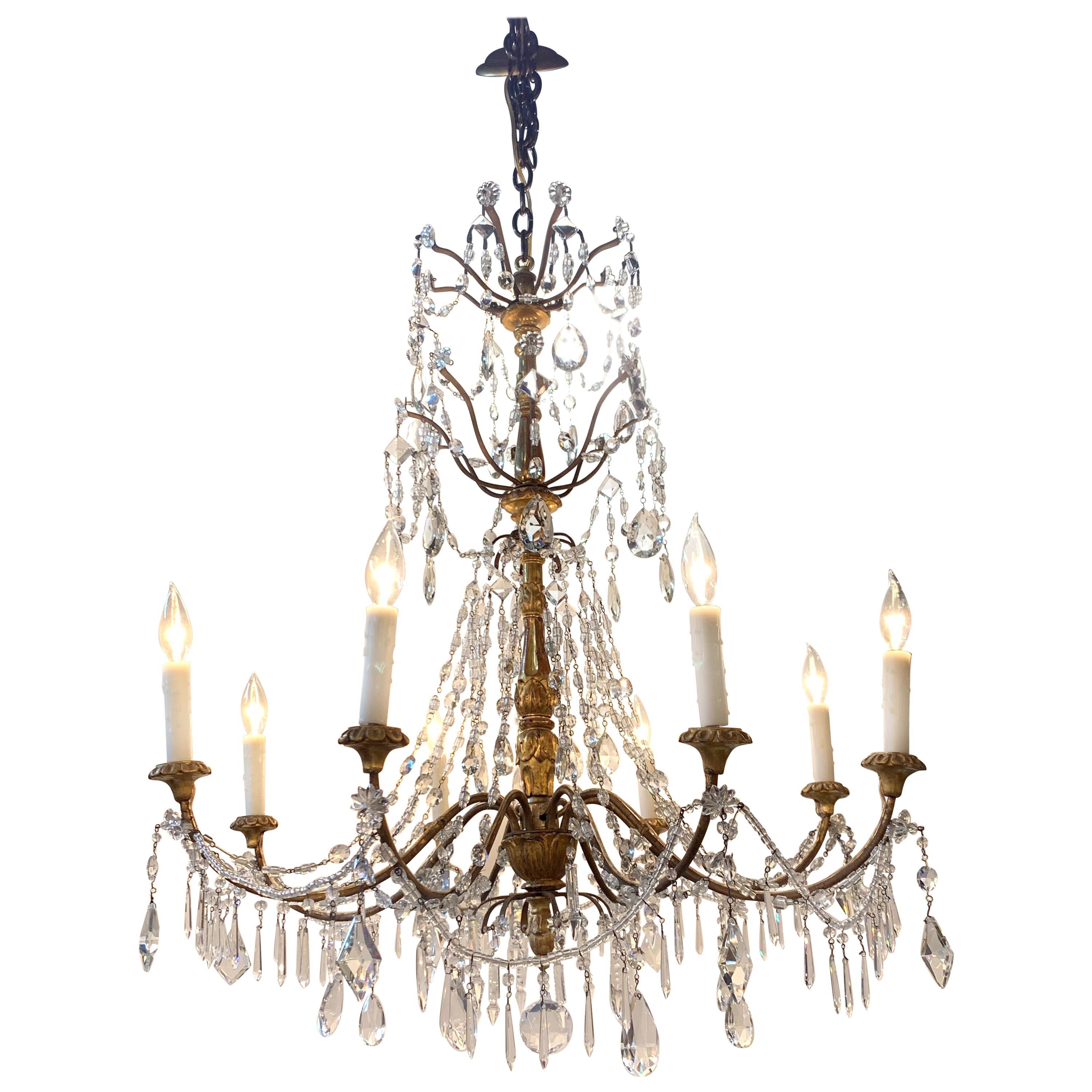 19th Century Italian Giltwood and Beaded Crystal Chandelier