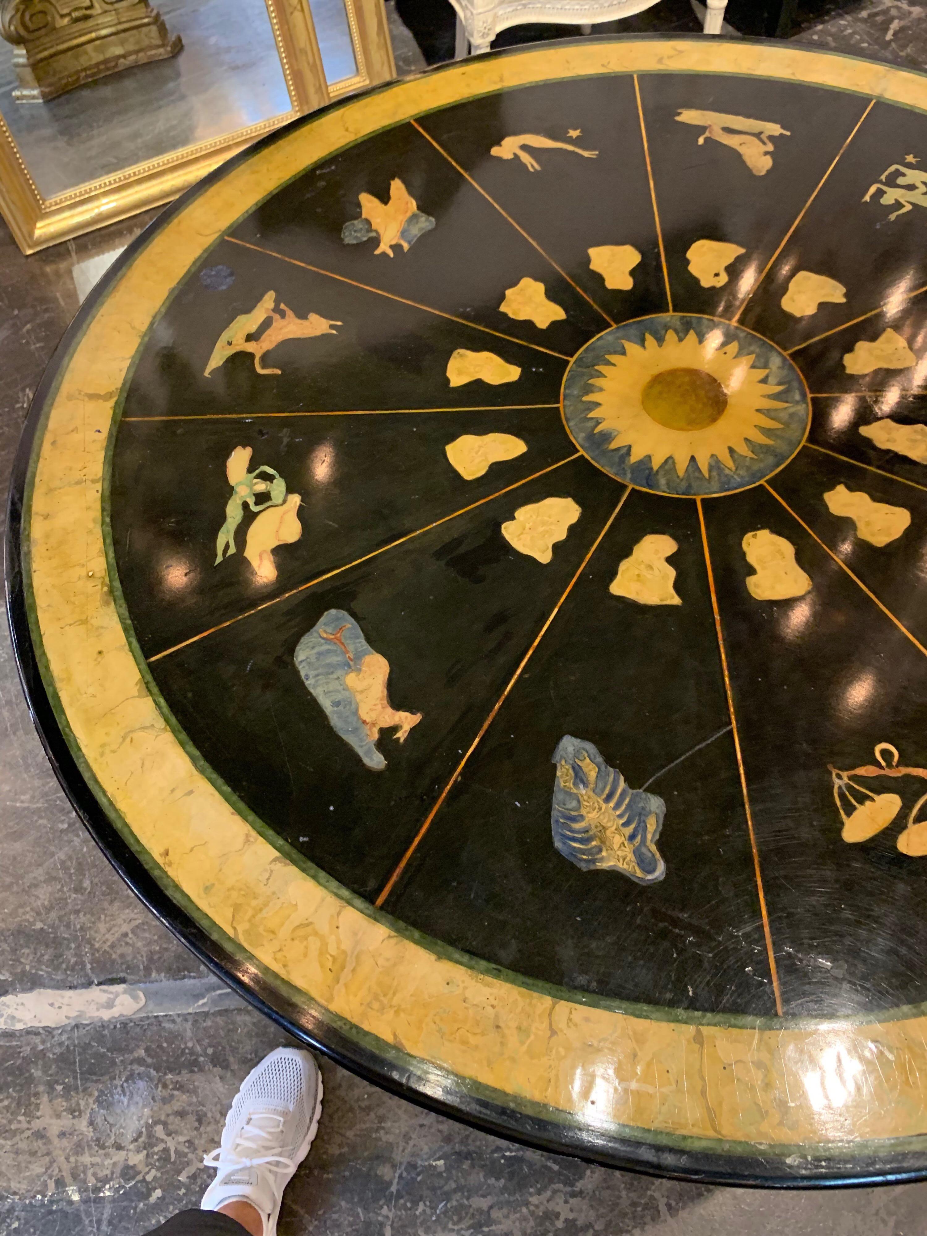 Very rare 19th century Italian giltwood centre table. Beautifully carved base and the top of the table is Scagliola marble with an astrological zodiac pattern. An exquisite table and so interesting!