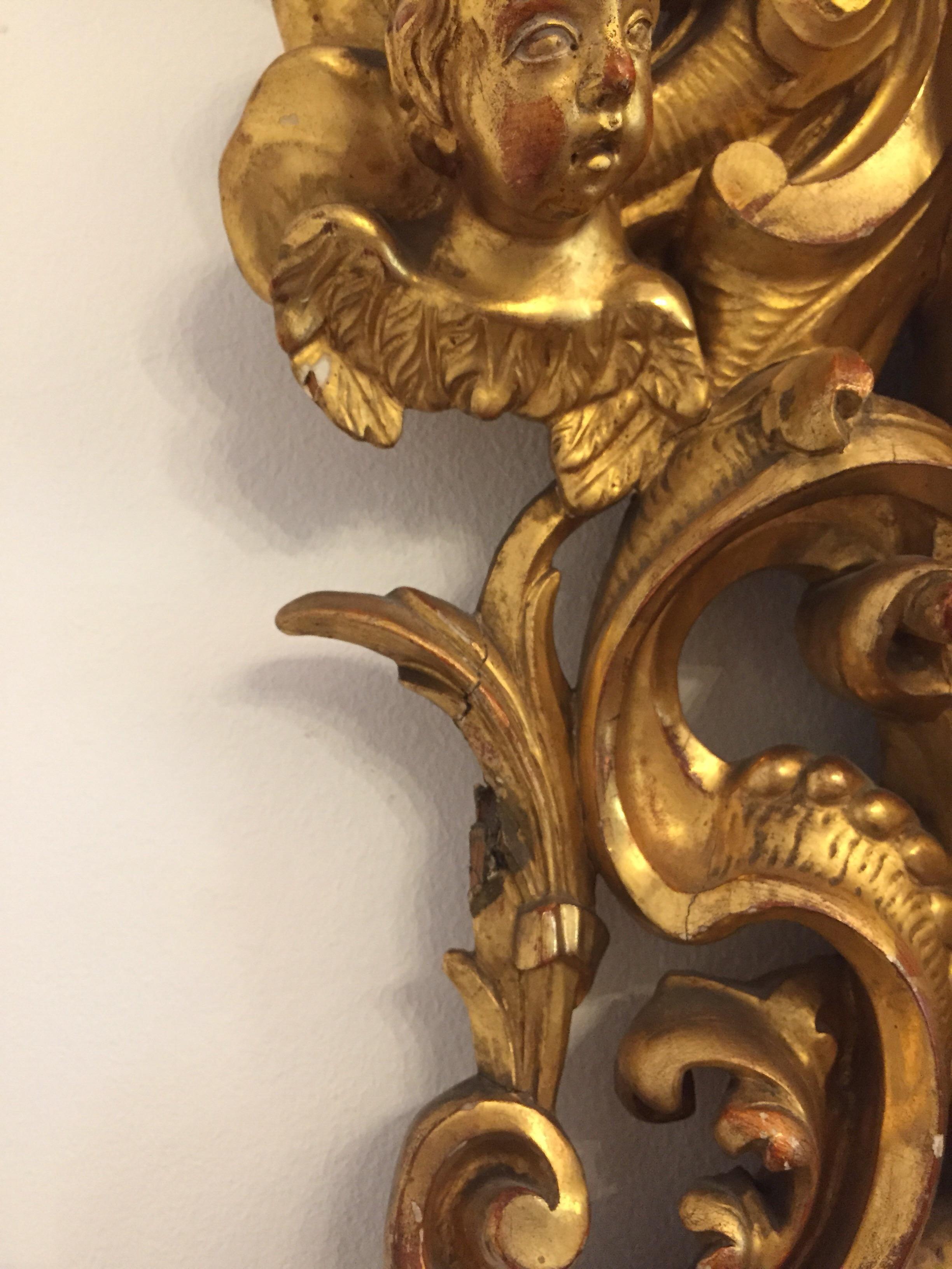 19th Century Italian Gilt Wood Mirror Cherubs Carving Rococo Style  9