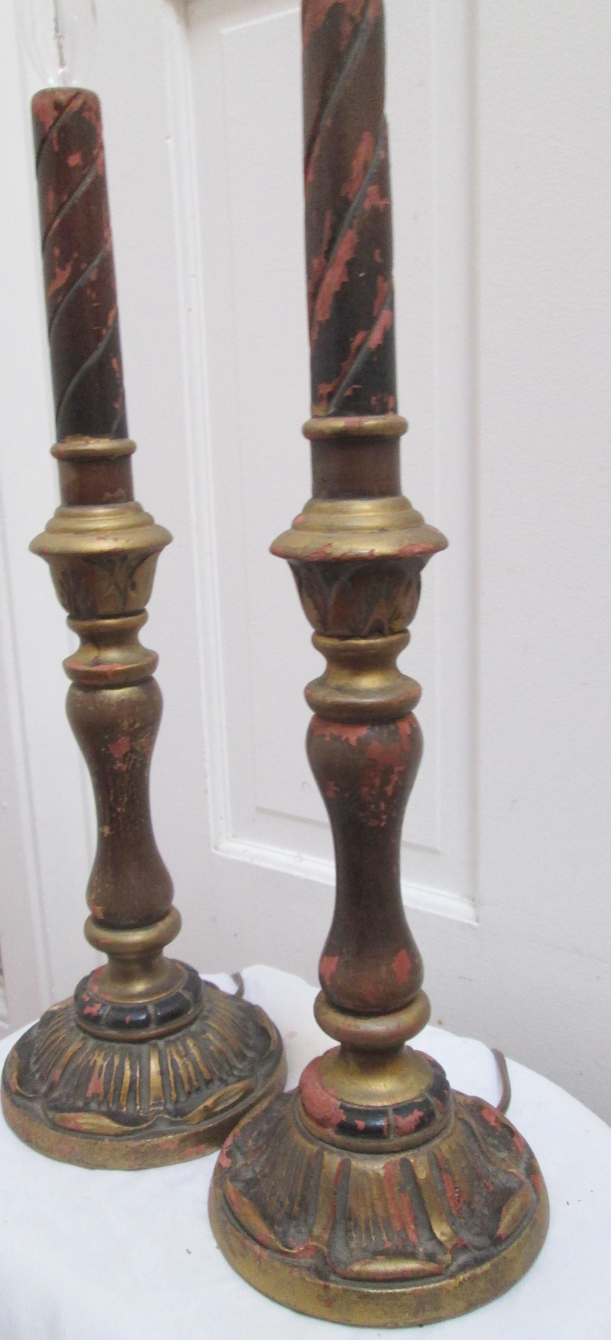 Renaissance 19th Century Italian Gilt Wooden Candlestick Converted Lamps For Sale