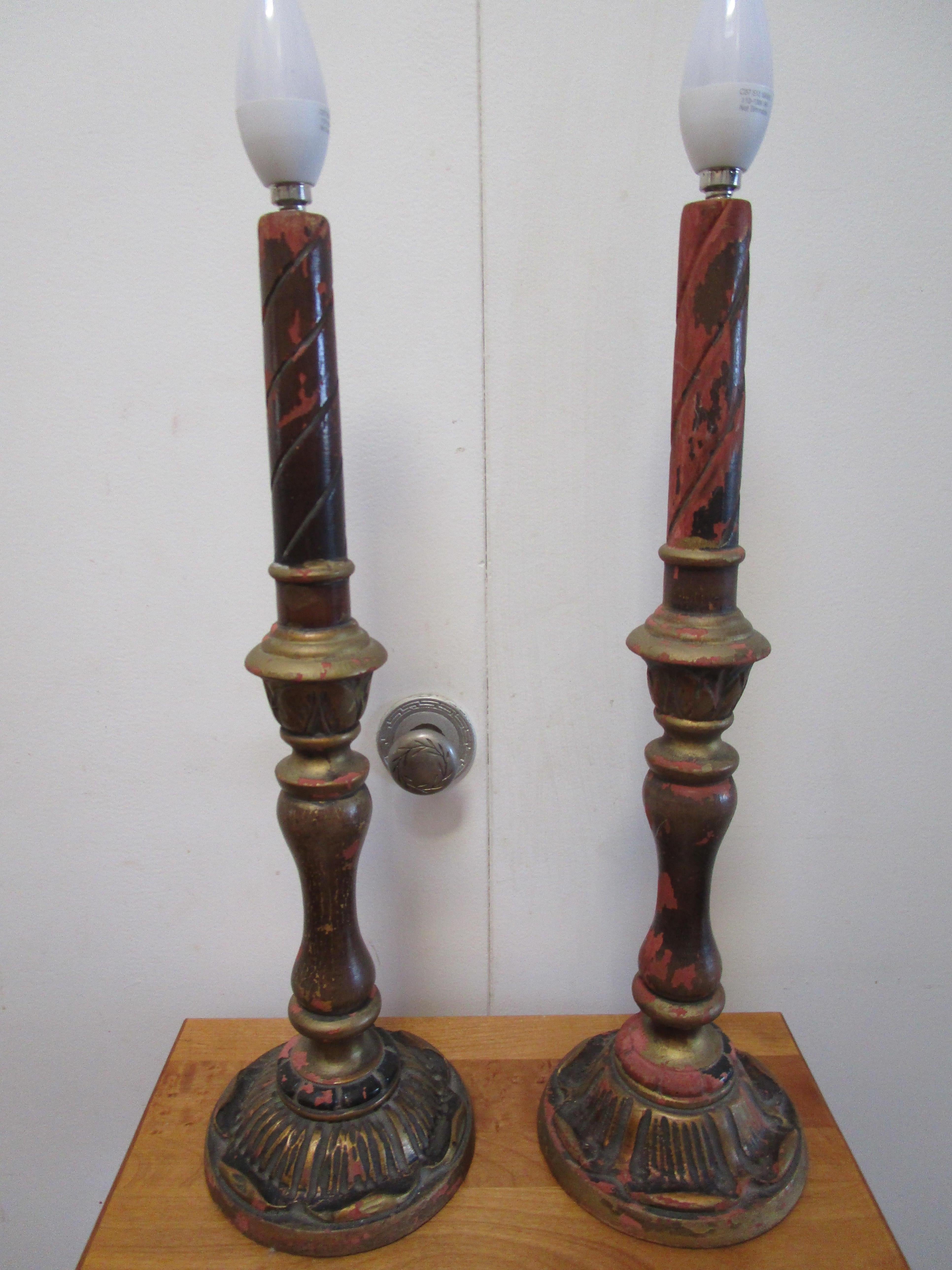 Hand-Painted 19th Century Italian Gilt Wooden Candlestick Converted Lamps For Sale