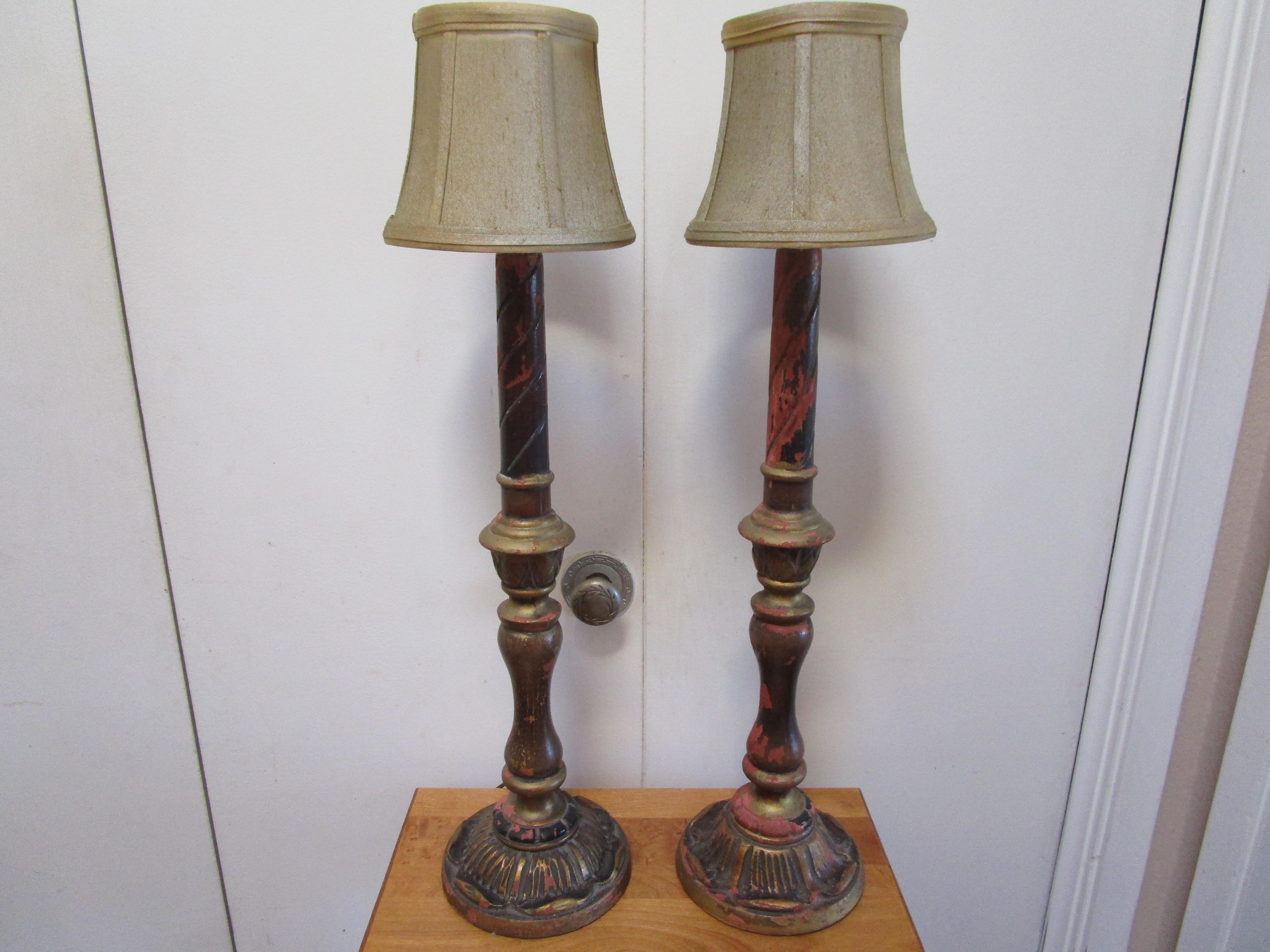 19th Century Italian Gilt Wooden Candlestick Converted Lamps In Good Condition For Sale In Lomita, CA