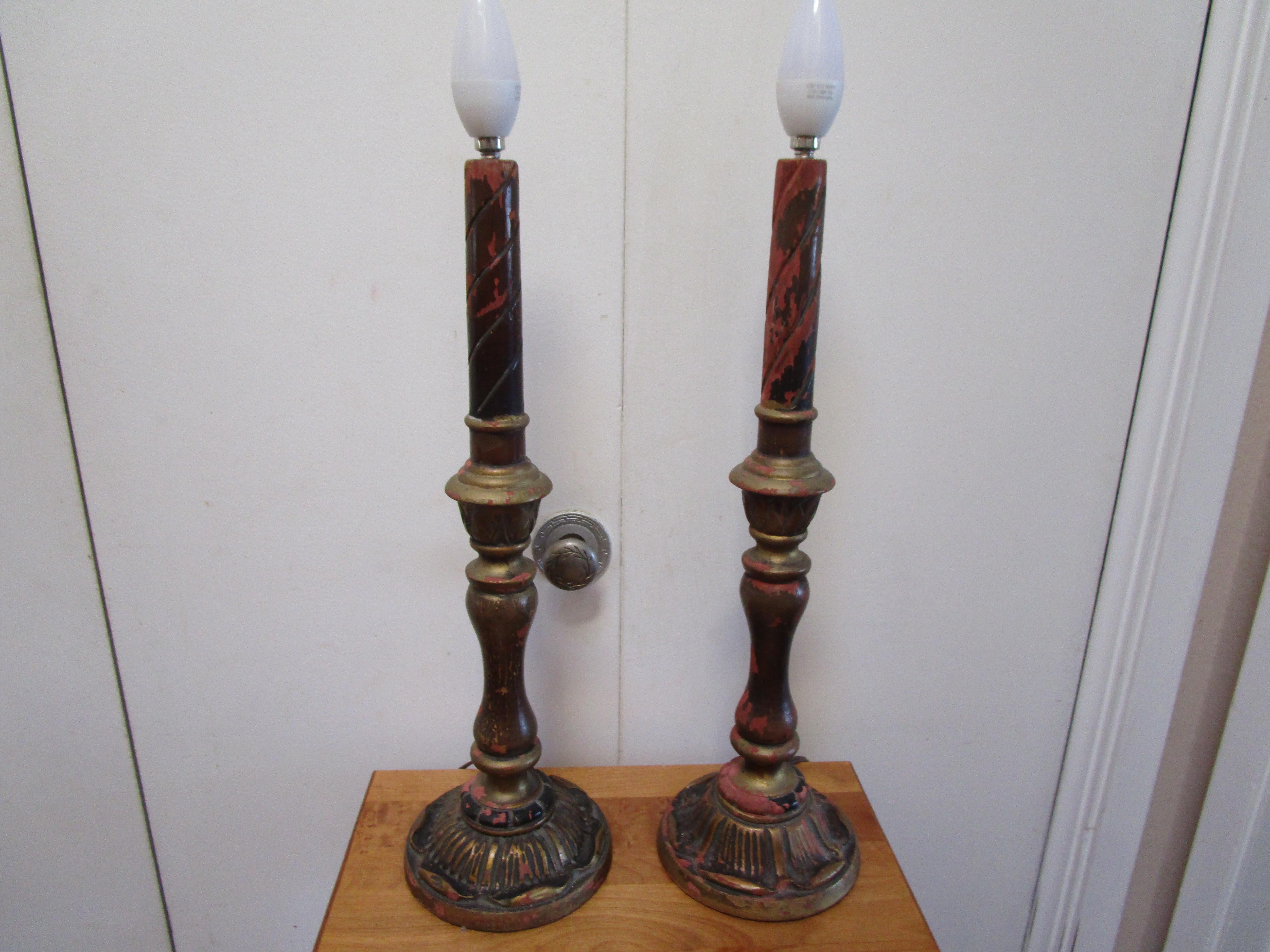19th Century Italian Gilt Wooden Candlestick Converted Lamps For Sale 1