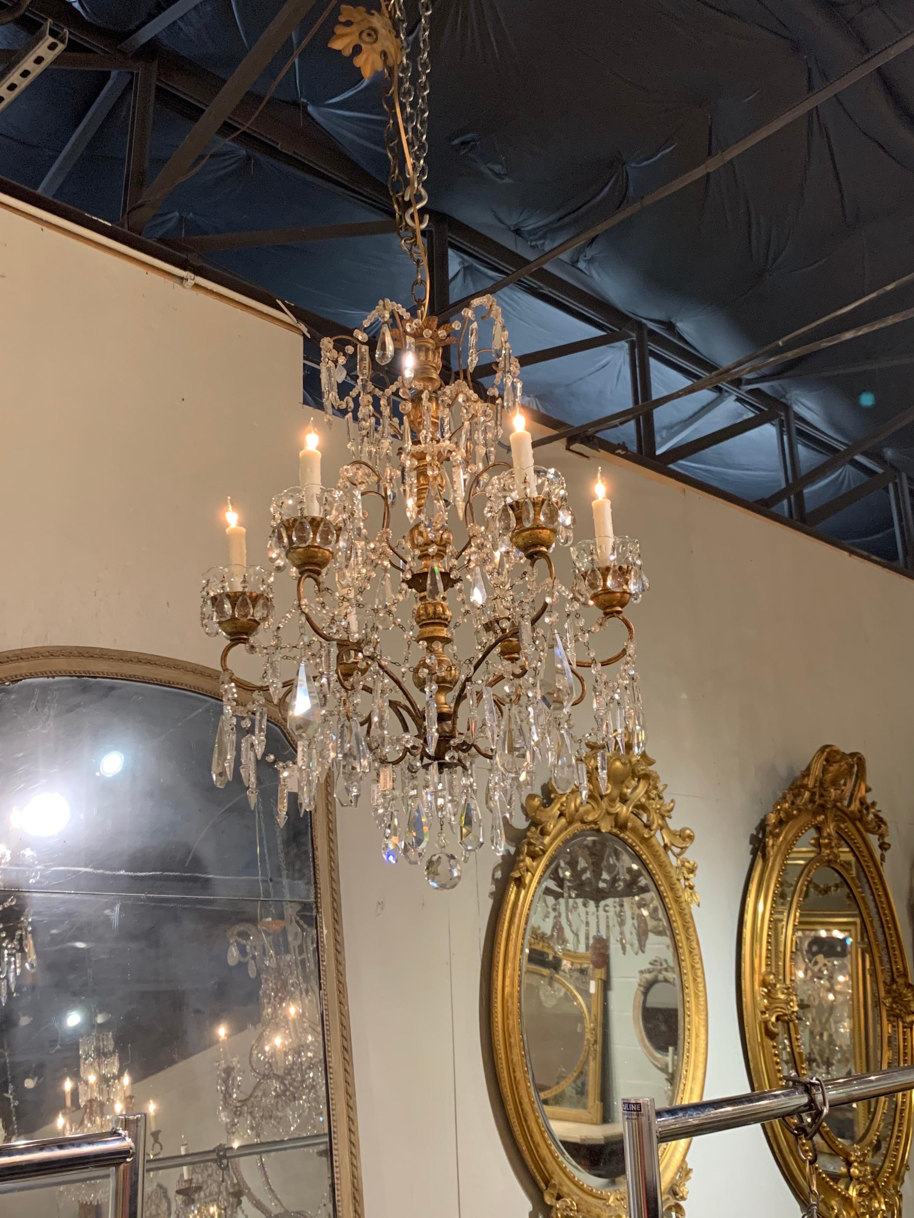 19th Century Italian Giltwood and Beaded Crystal Chandelier For Sale 3
