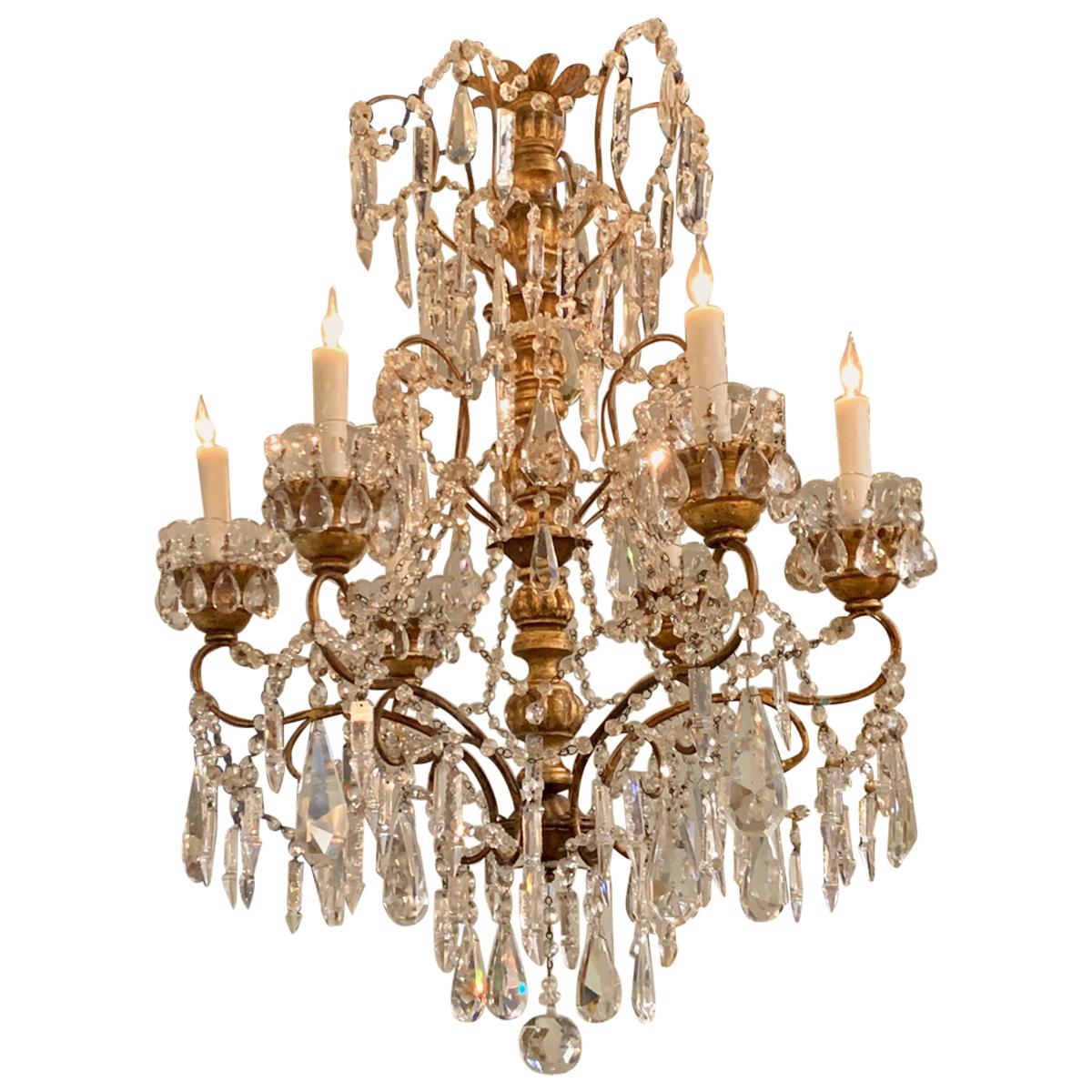 19th Century Italian Giltwood and Beaded Crystal Chandelier For Sale