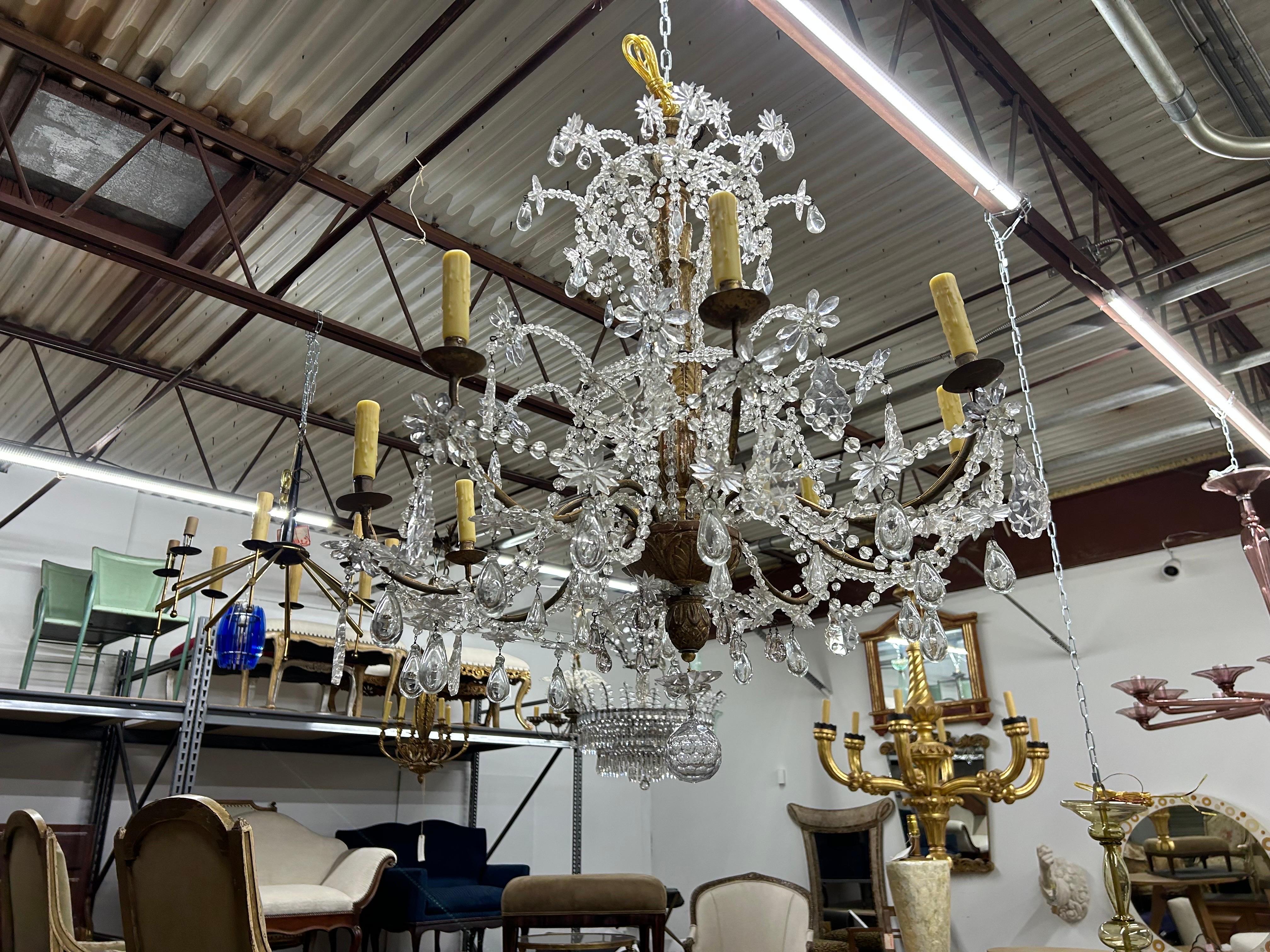 19th Century Italian Giltwood And Crystal Genovese Chandelier In Good Condition For Sale In Houston, TX