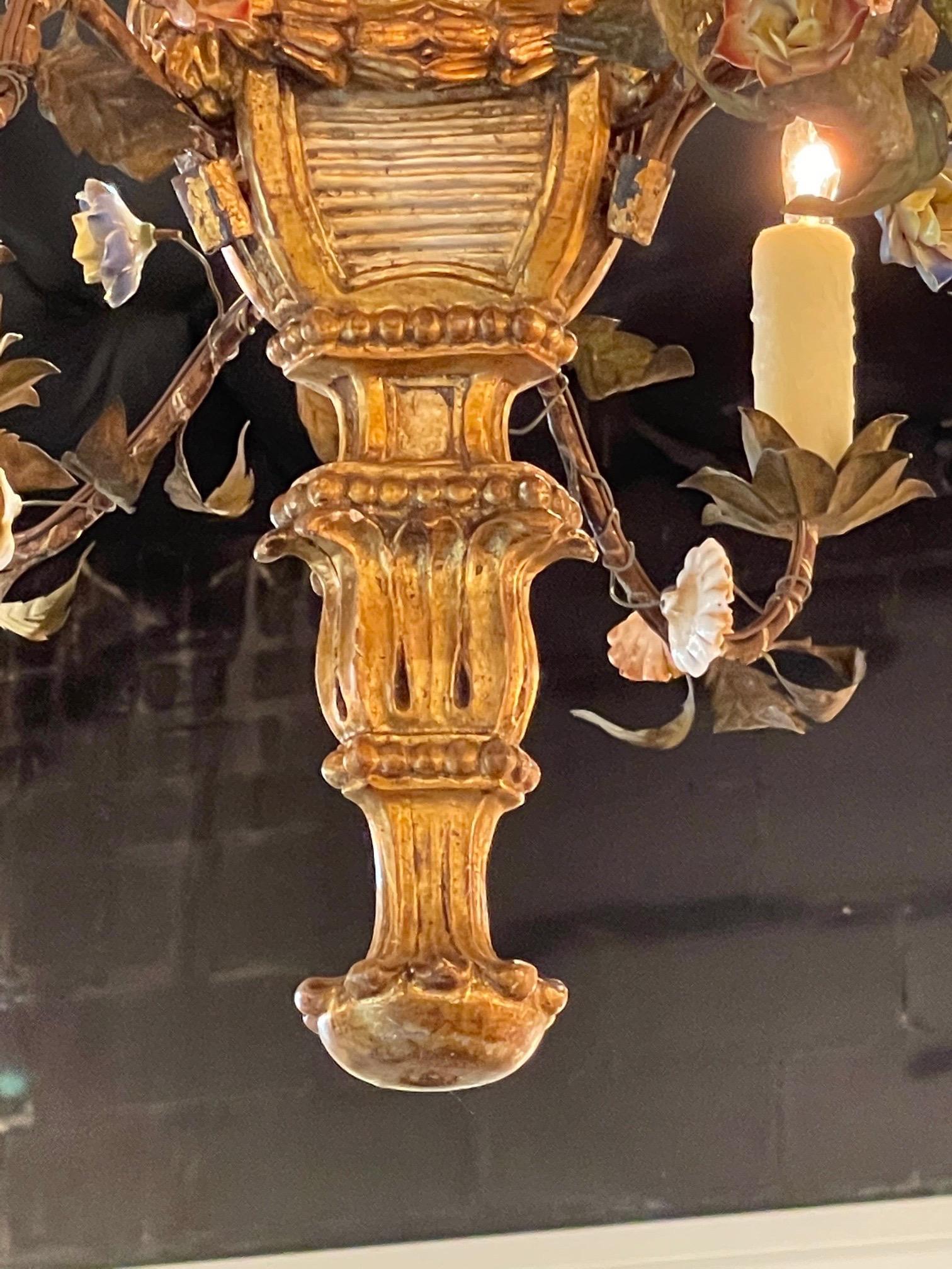 Carved 19th Century Italian Giltwood and Iron Chandelier with Porcelain Flowers