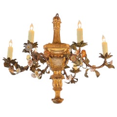 19th Century Italian Giltwood and Iron Chandelier with Porcelain Flowers