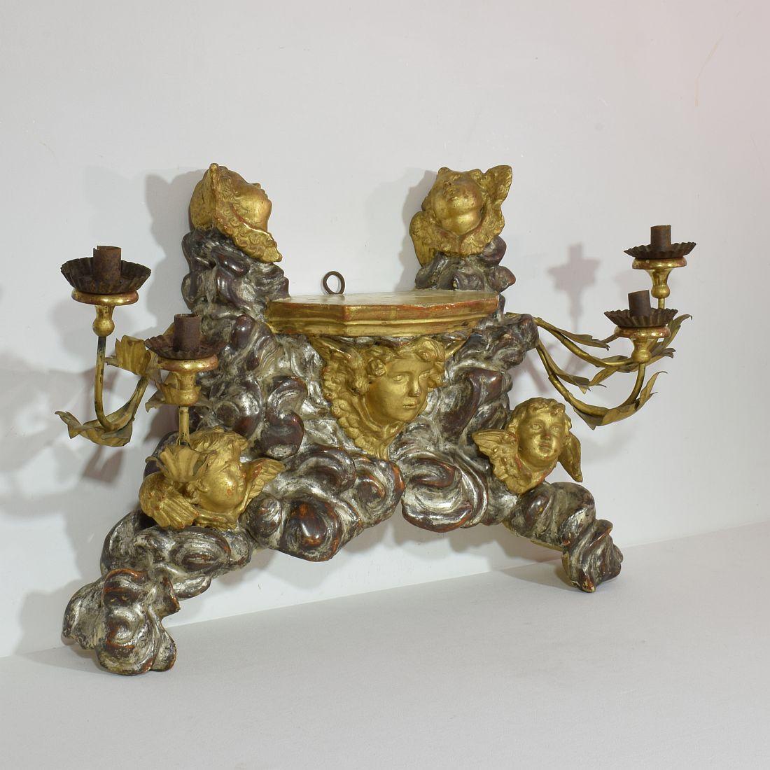 Hand-Carved 19th Century Italian Giltwood Baroque Style Altar with Candleholders and Angels