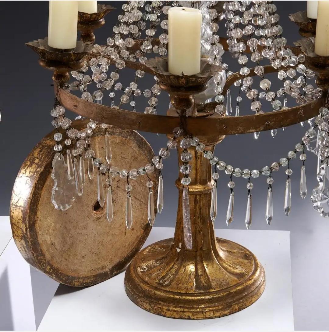 19th Century Italian Giltwood Candelabra Strung with Crystal Beads and Prisms 3