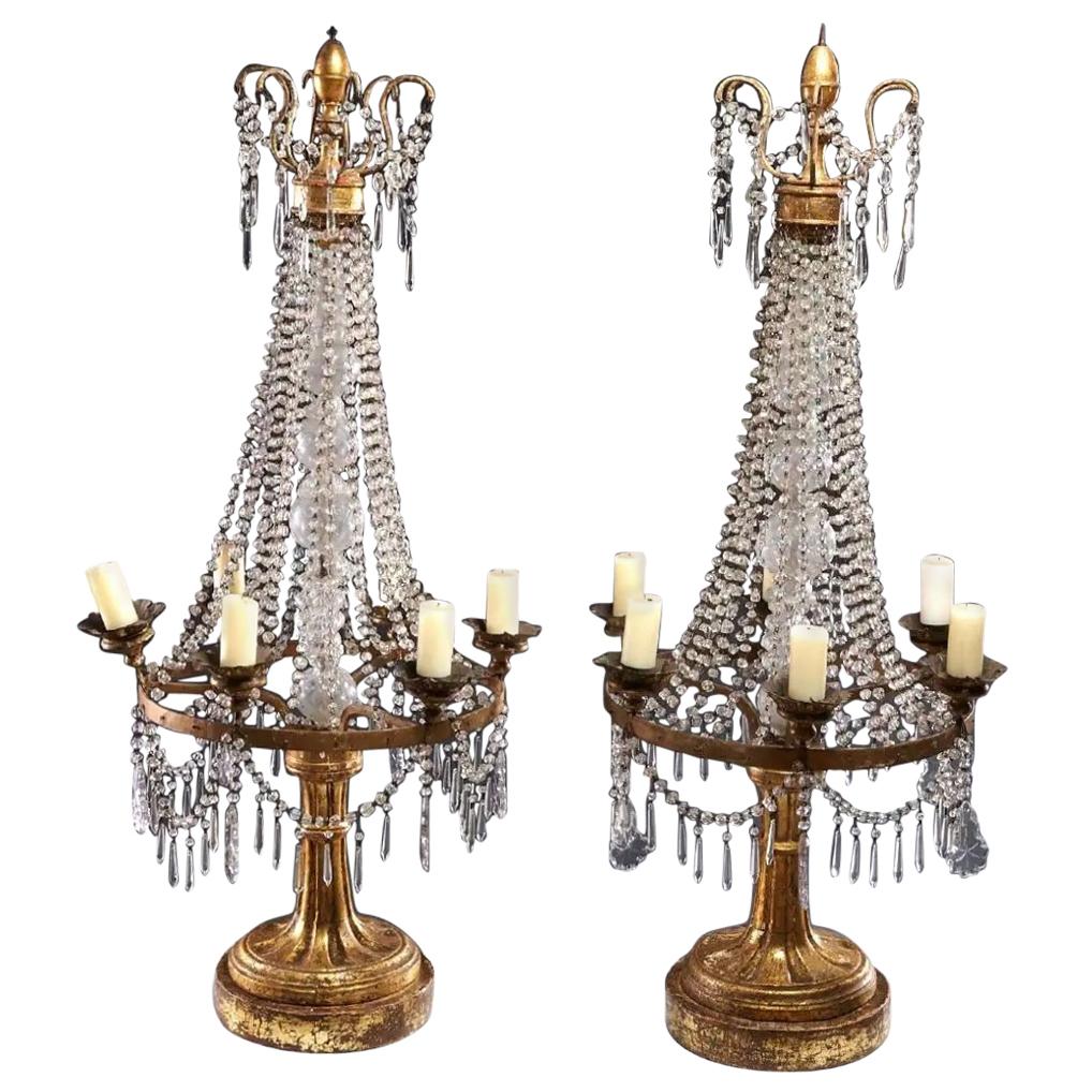 19th Century Italian Giltwood Candelabra Strung with Crystal Beads and Prisms