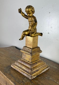 19th Century Italian Giltwood Cherub on Carved Plinth Base