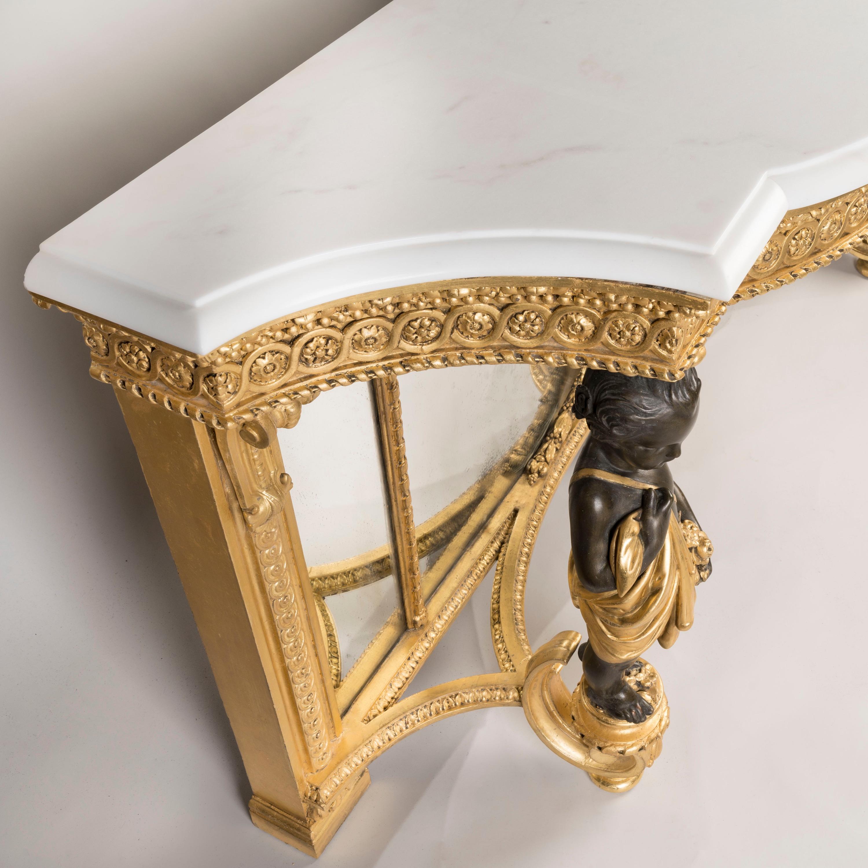 Louis XVI 19th Century Italian Giltwood Console Table with Cherubs and Marble Top For Sale