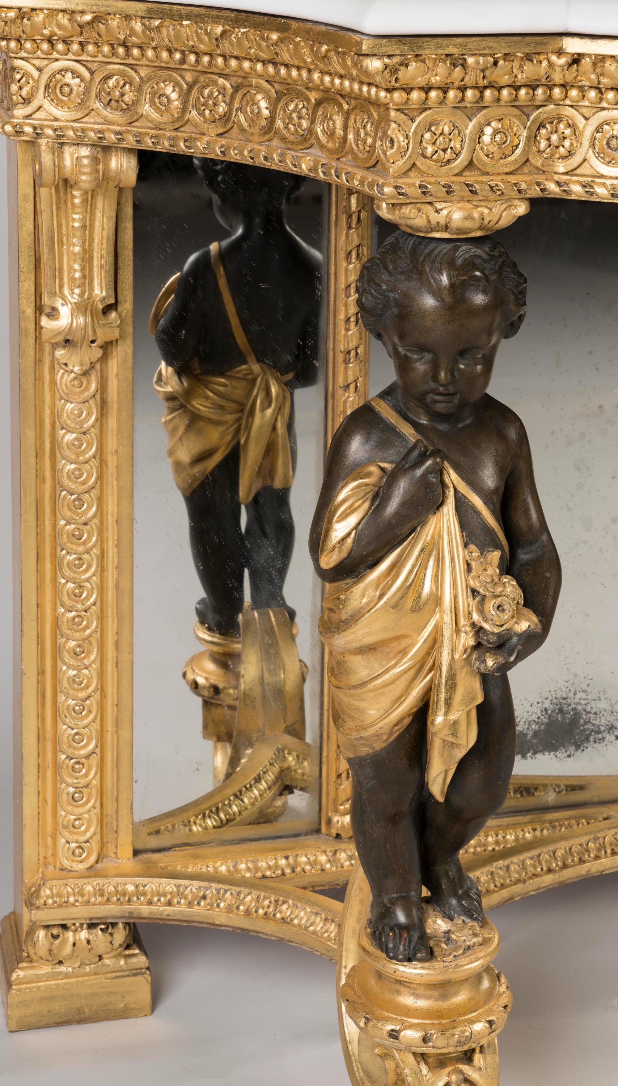 Mirror 19th Century Italian Giltwood Console Table with Cherubs and Marble Top For Sale