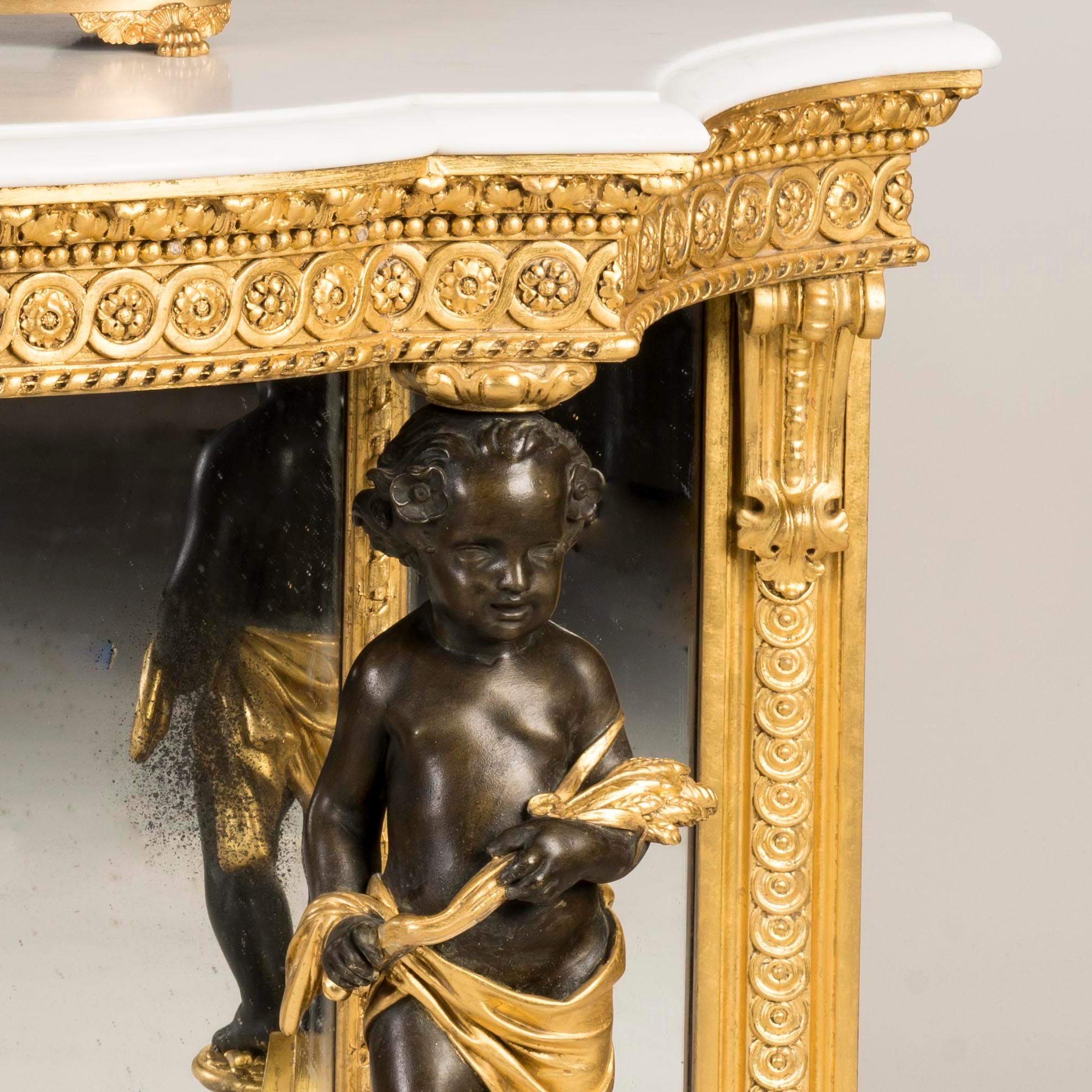 Italienischer Konsolentisch aus vergoldetem Holz des 19. Jahrhunderts mit Putten und Marmorplatte im Angebot 4