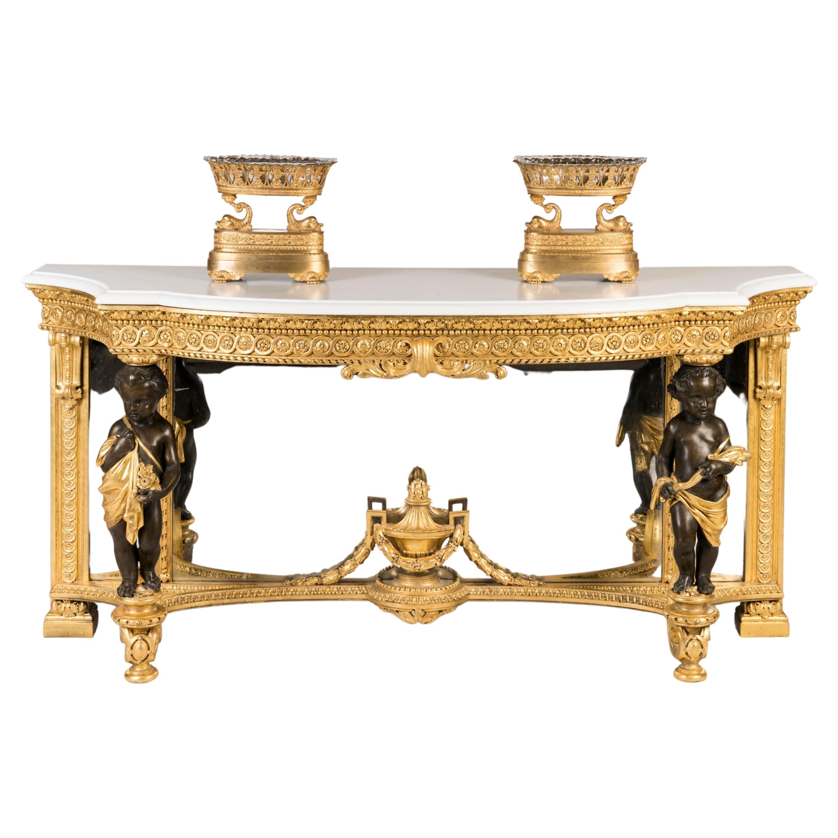 Table console italienne du 19ème siècle en bois doré avec chérubins et plateau en marbre