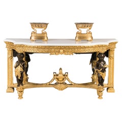 Table console italienne du 19ème siècle en bois doré avec chérubins et plateau en marbre