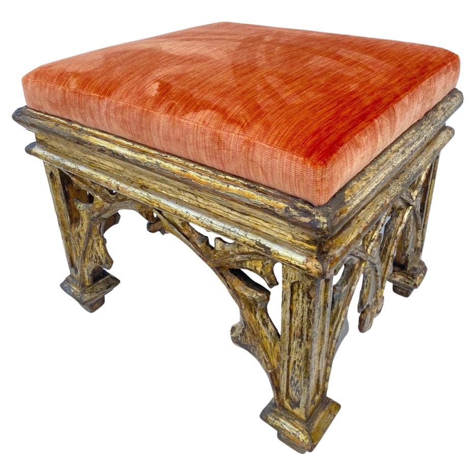 Early 19th Century finely-carved benches. Originally purchased from Sothebys. Lemon-Silver original gilt finish. Newly-upholstered in orange strie velvet. 6 available. Sold as pairs.