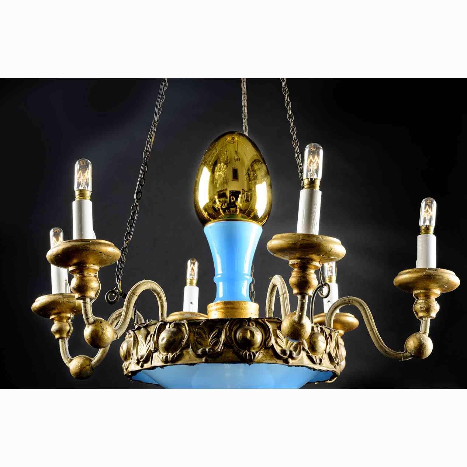 19th Century, Italian, Tuscan Seven Light Chandelier Blue Glass Gilded Details For Sale 3