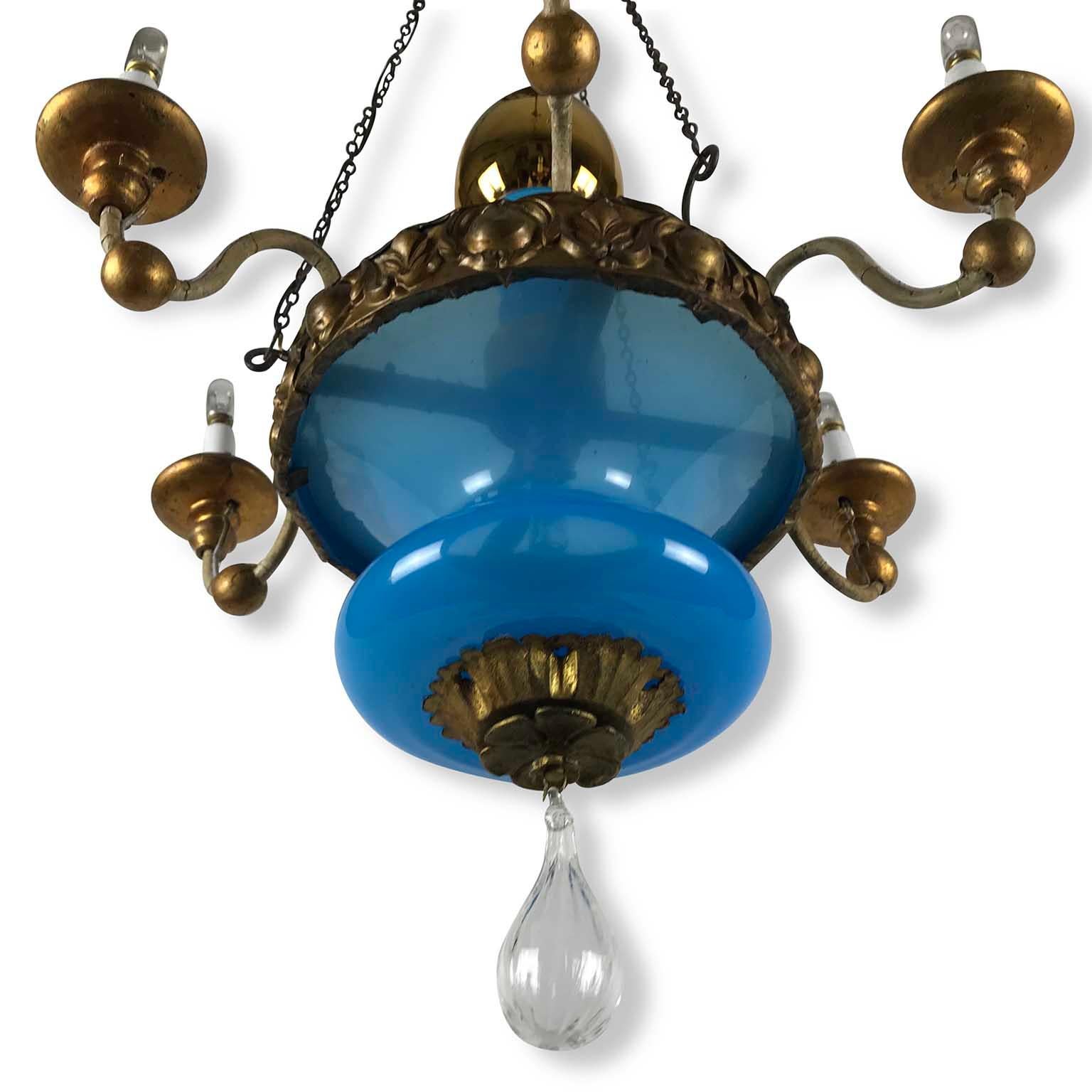 19th Century, Italian, Tuscan Seven Light Chandelier Blue Glass Gilded Details For Sale 4