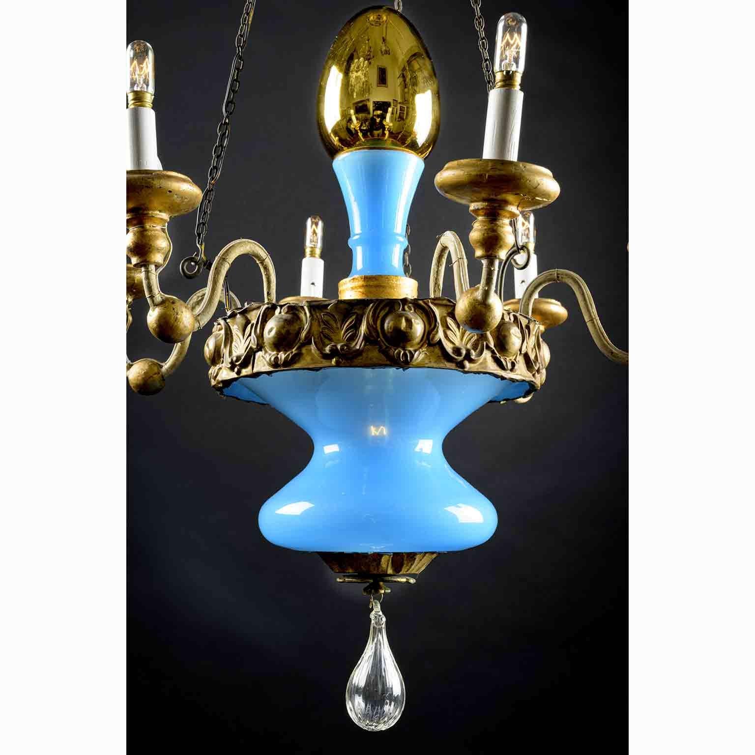 19th Century, Italian, Tuscan Seven Light Chandelier Blue Glass Gilded Details For Sale 5