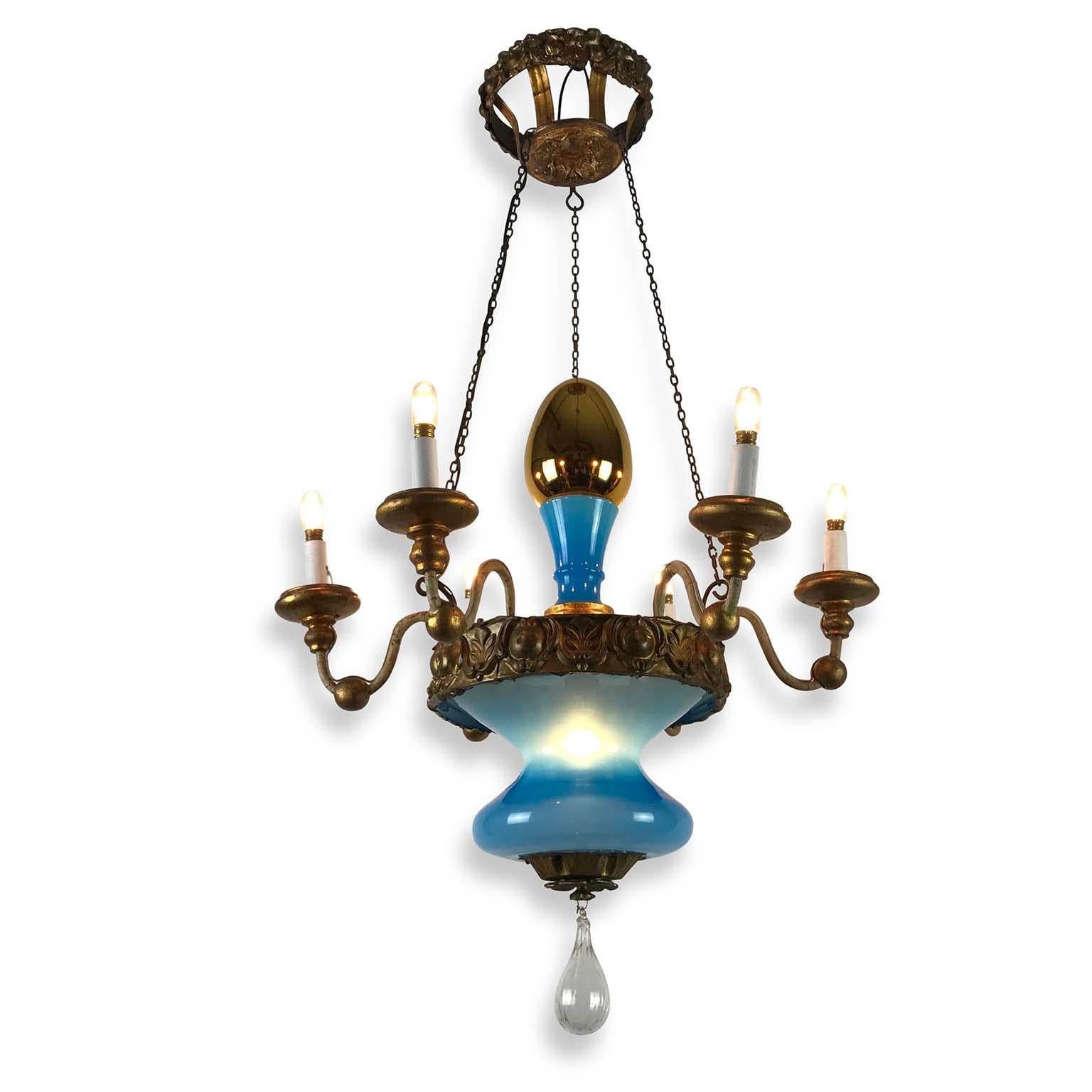 19th Century, Italian, Tuscan Seven Light Chandelier Blue Glass Gilded Details For Sale 6