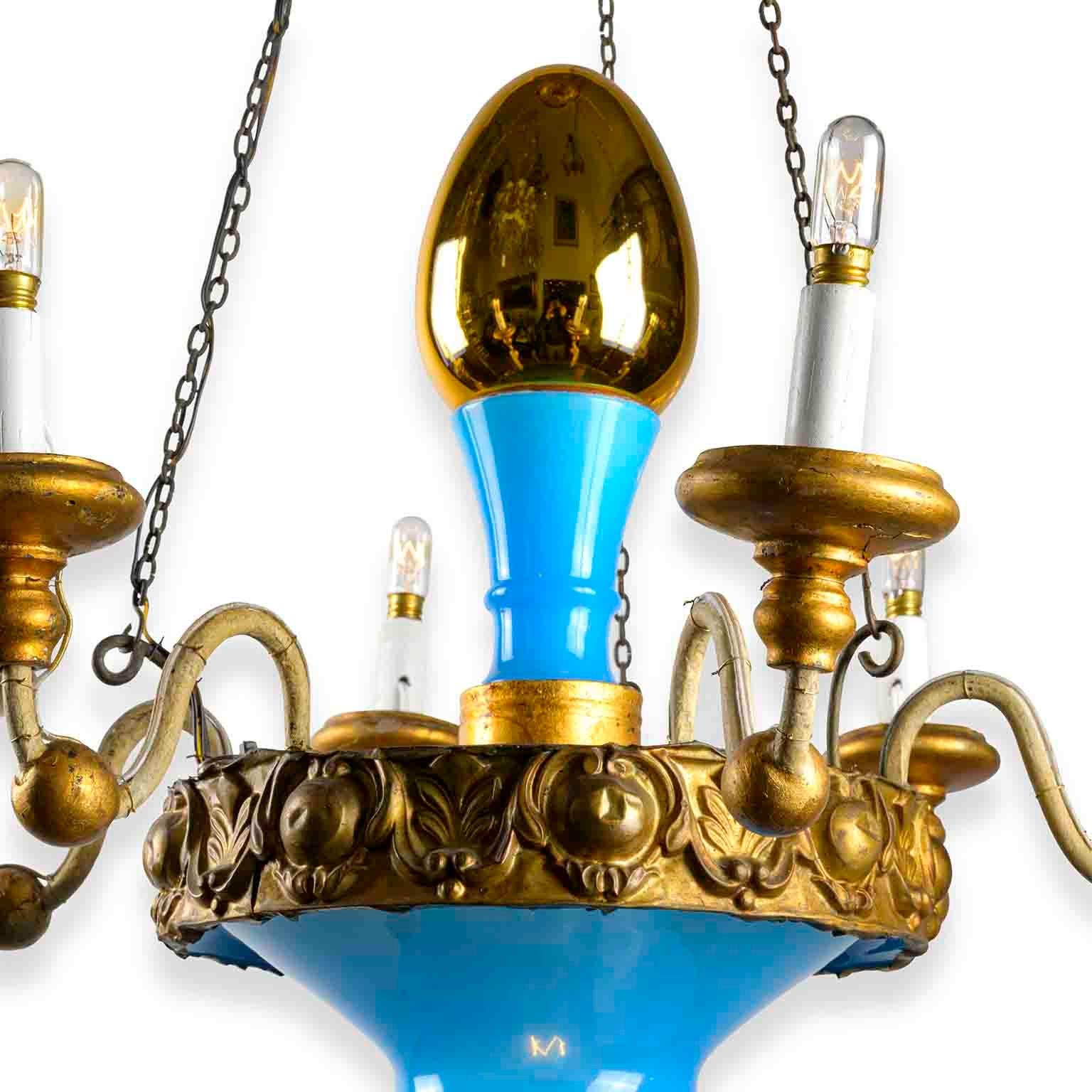 19th Century, Italian, Tuscan Seven Light Chandelier Blue Glass Gilded Details For Sale 2