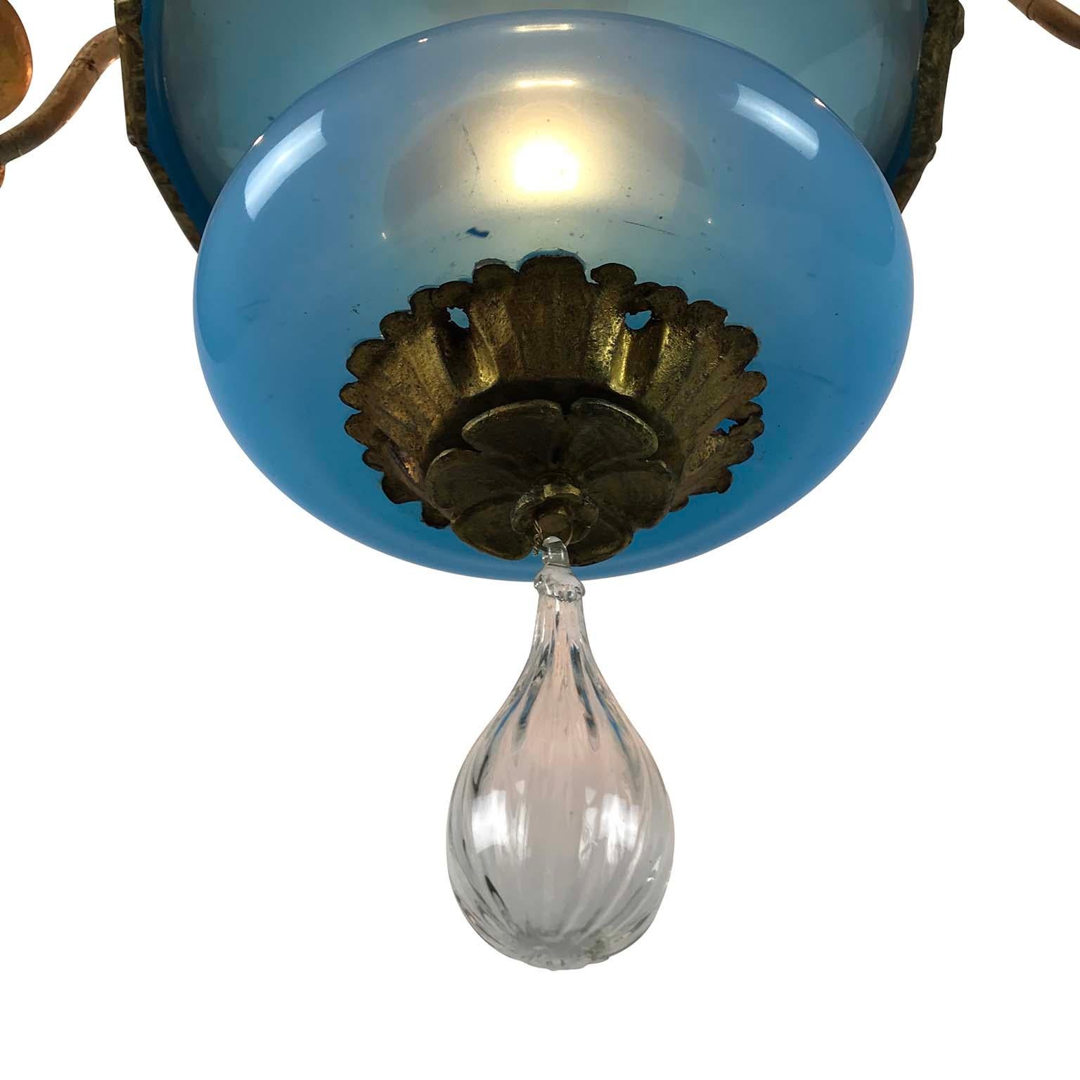 19th Century, Italian, Tuscan Seven Light Chandelier Blue Glass Gilded Details For Sale 7