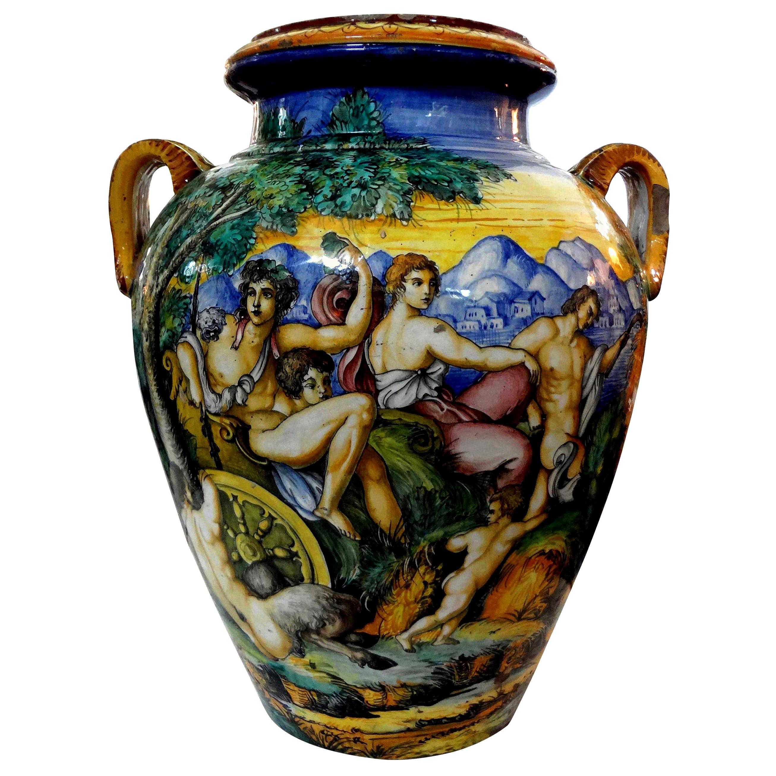 19th Century Italian Glazed Earthenware Urn Attributed to Urbino Workshop