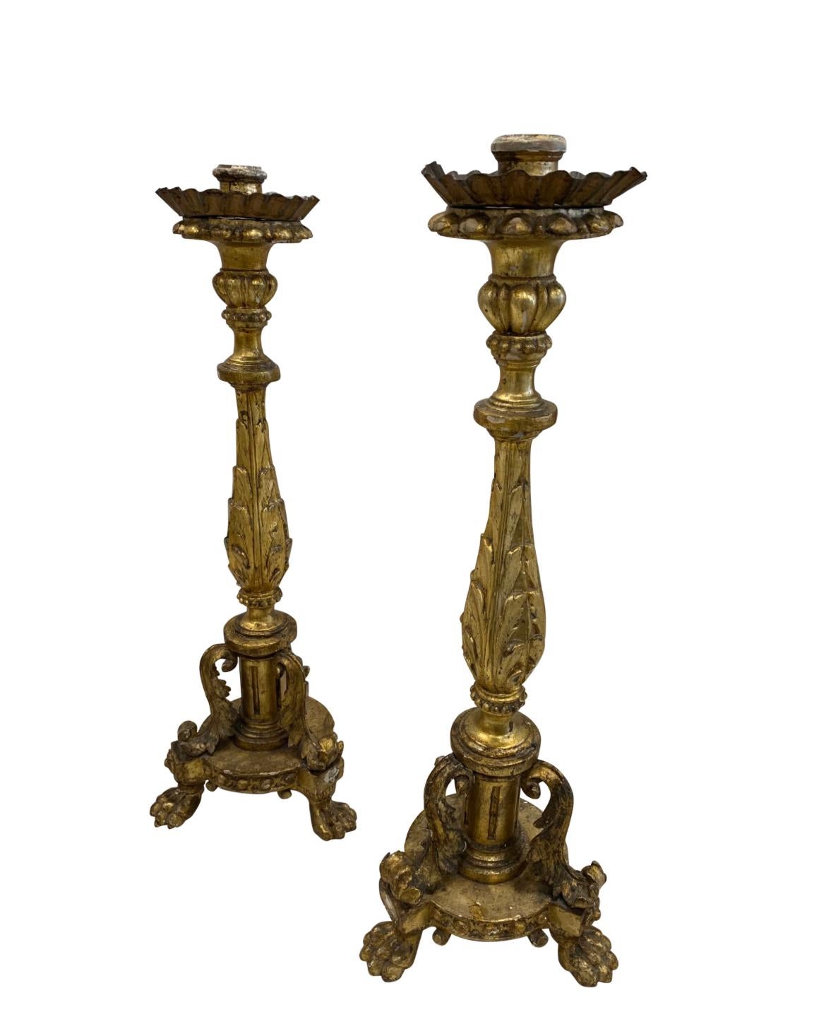 Gold Leaf 19th Century Italian Gold Gilt Candlesticks For Sale