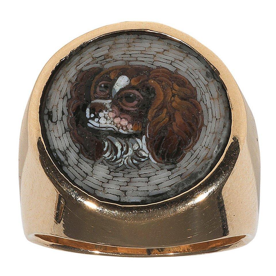 Round Cut 19th Century Italian Gold Micromosaic Dog Ring