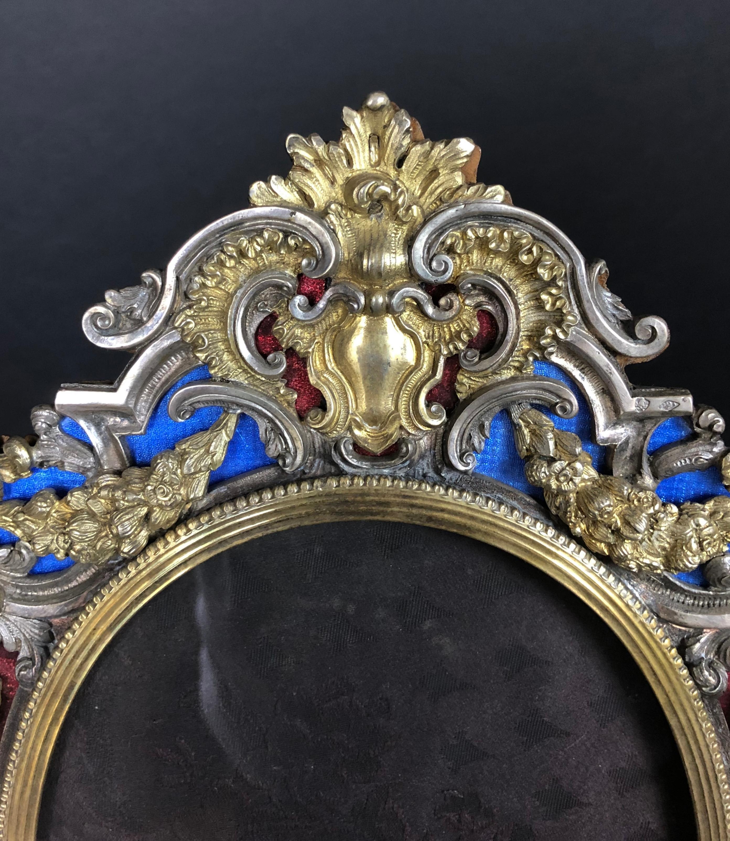 Rococo Italian Gilt Sterling Blue and Red Enamel 19th Century Picture Frame For Sale