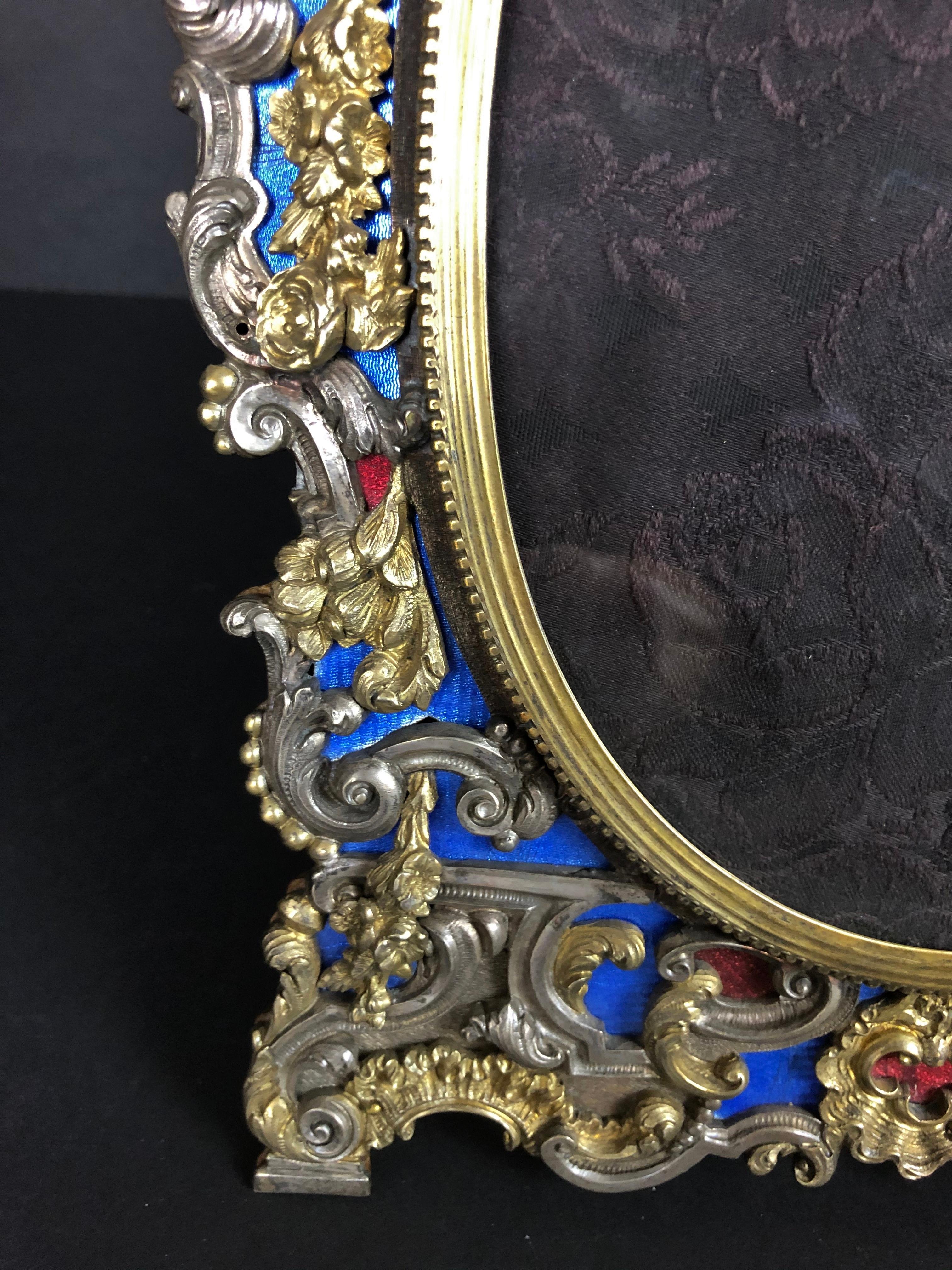 Italian Gilt Sterling Blue and Red Enamel 19th Century Picture Frame In Good Condition For Sale In Norwood, NJ