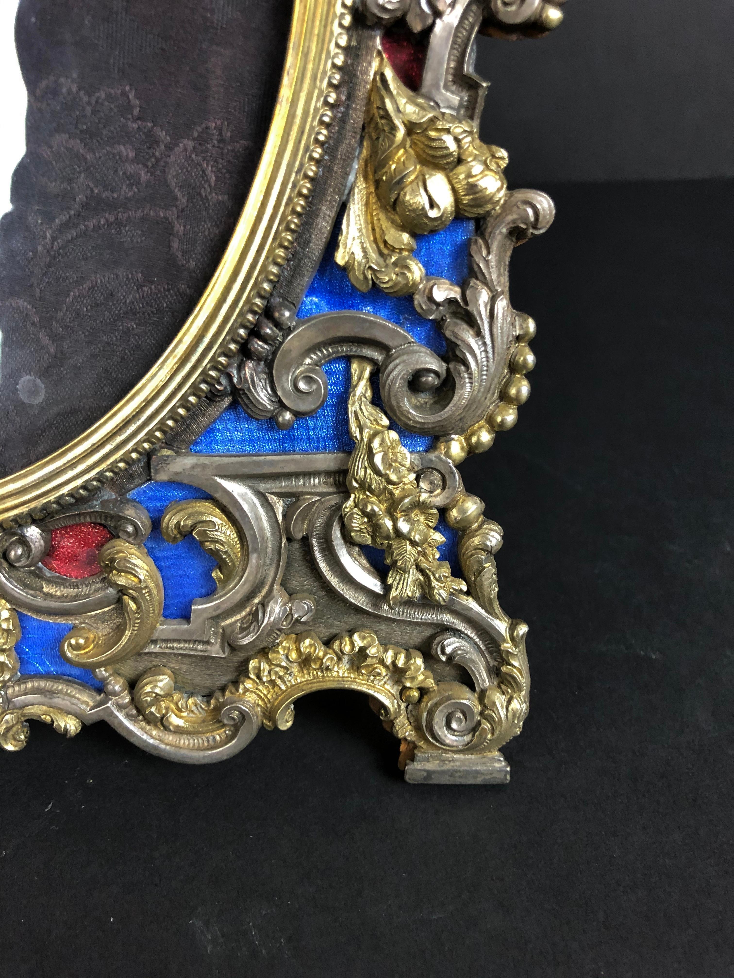 Early 20th Century Italian Gilt Sterling Blue and Red Enamel 19th Century Picture Frame For Sale