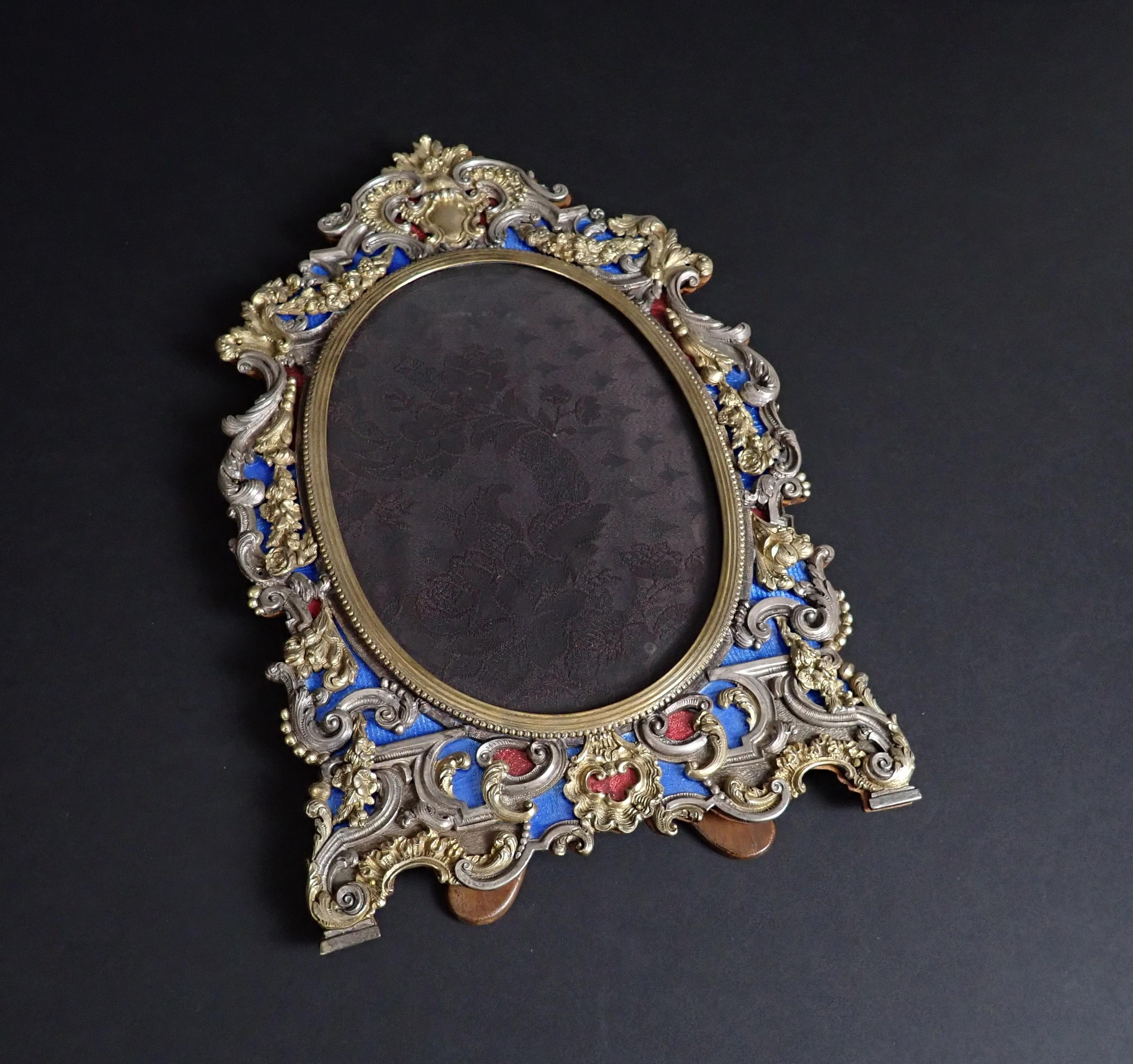Sterling Silver Italian Gilt Sterling Blue and Red Enamel 19th Century Picture Frame For Sale