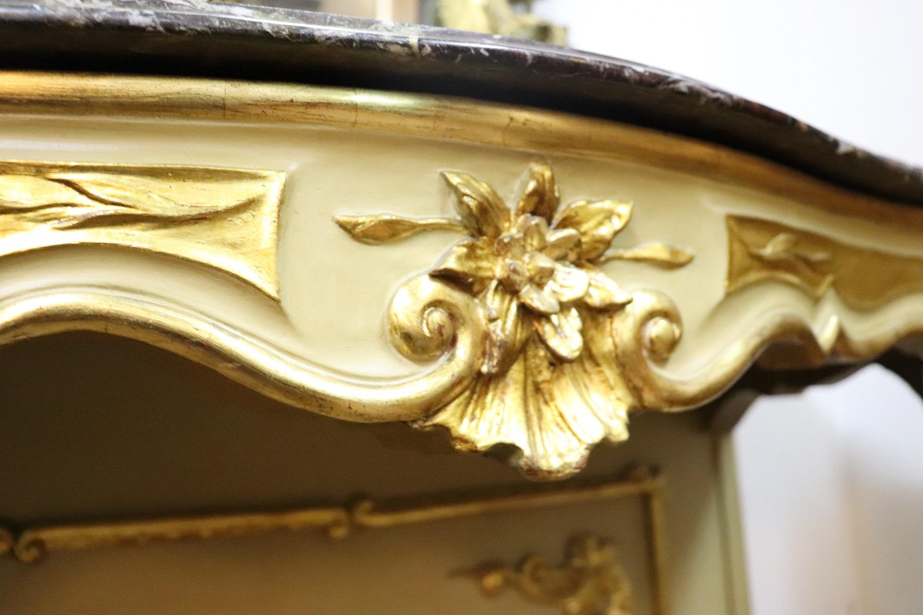 19th Century Italian Golden and Lacquered Wood Console Table with Marble Top In Excellent Condition In Casale Monferrato, IT