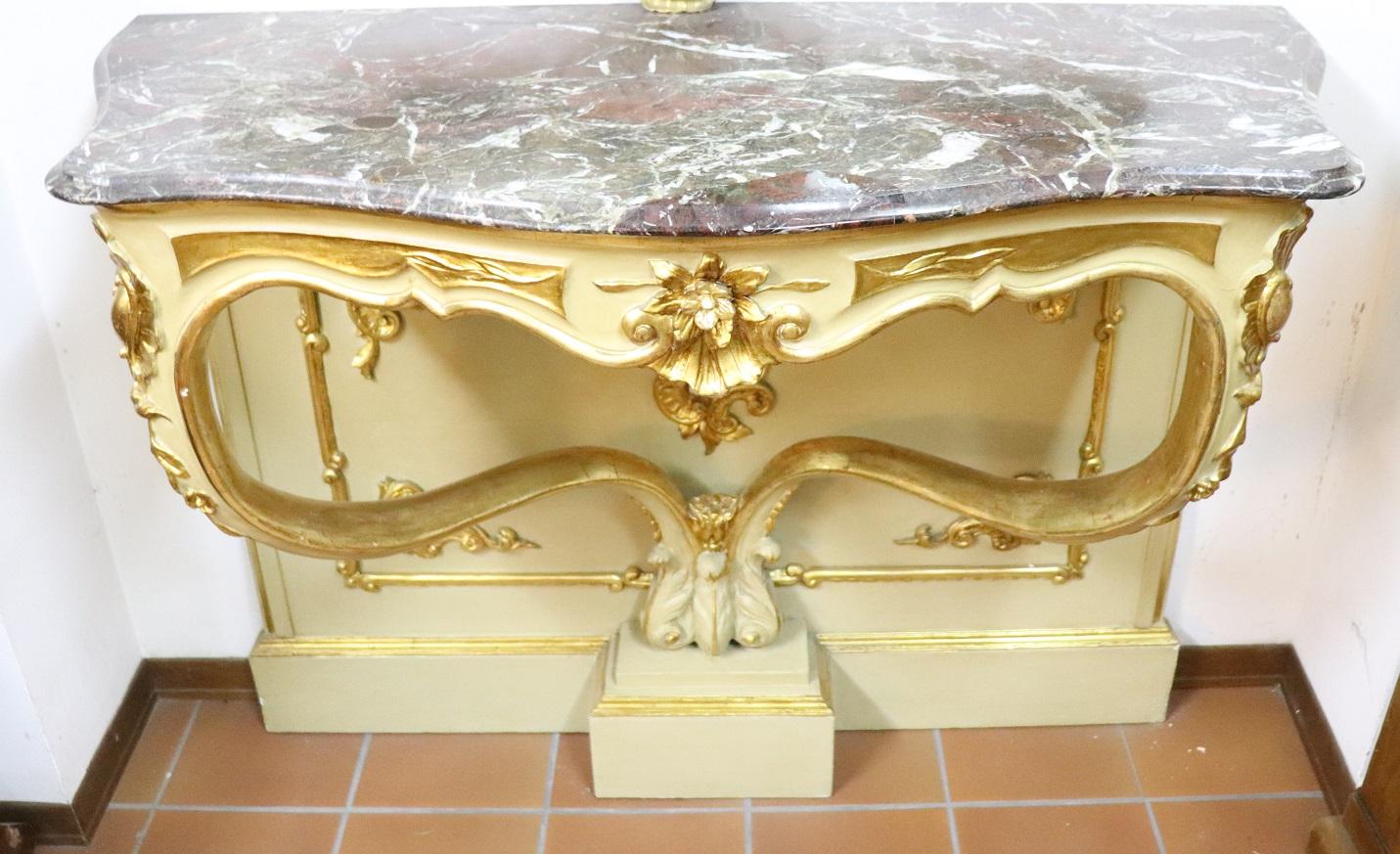19th Century Italian Golden and Lacquered Wood Console Table with Marble Top 1