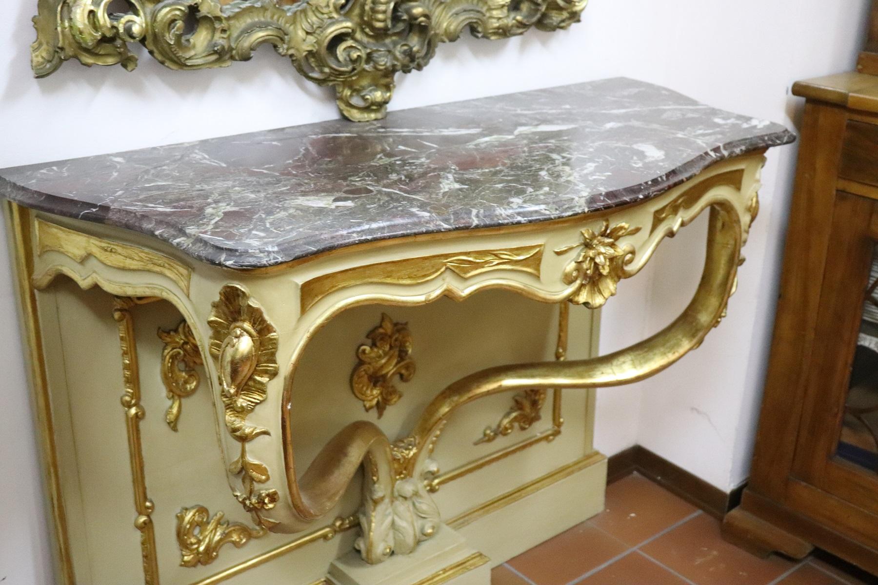 19th Century Italian Golden and Lacquered Wood Console Table with Marble Top 2