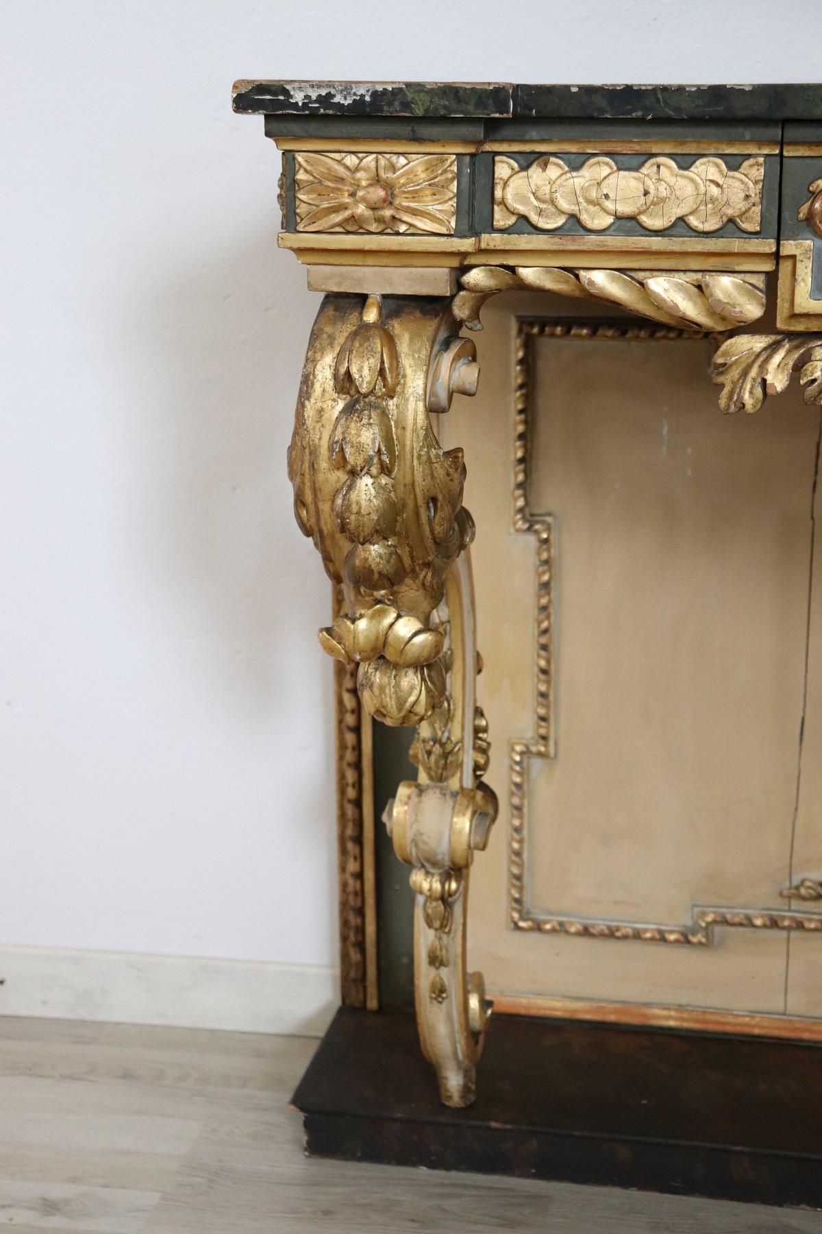 19th Century Italian Golden and Lacquered Wood Large Console Table In Fair Condition In Casale Monferrato, IT