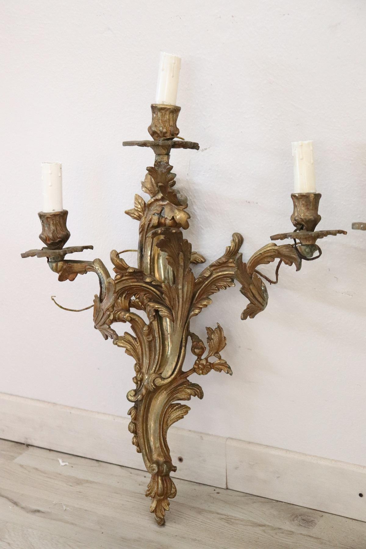 Gilt 19th Century Italian Golden Bronze Pair of Wall Light or Sconces