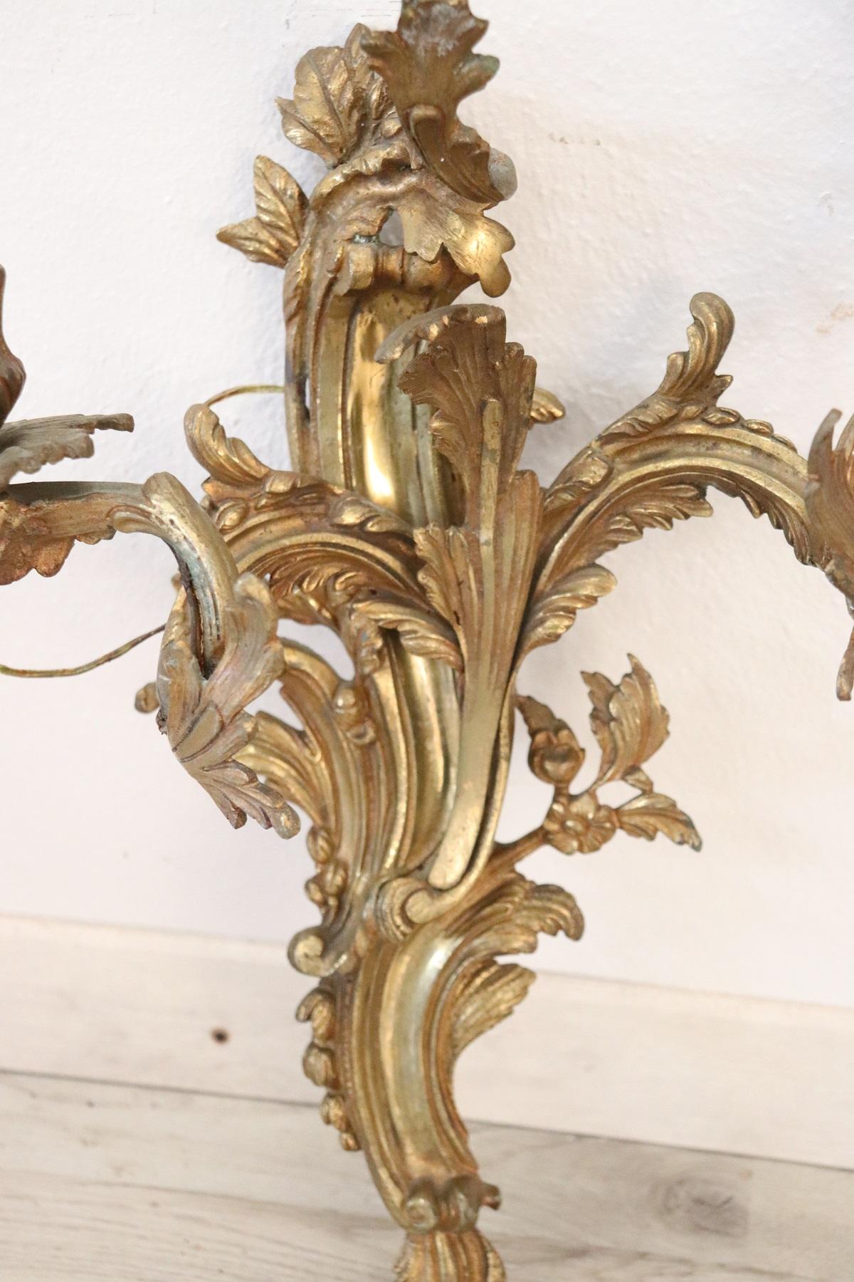 19th Century Italian Golden Bronze Pair of Wall Light or Sconces In Excellent Condition In Casale Monferrato, IT